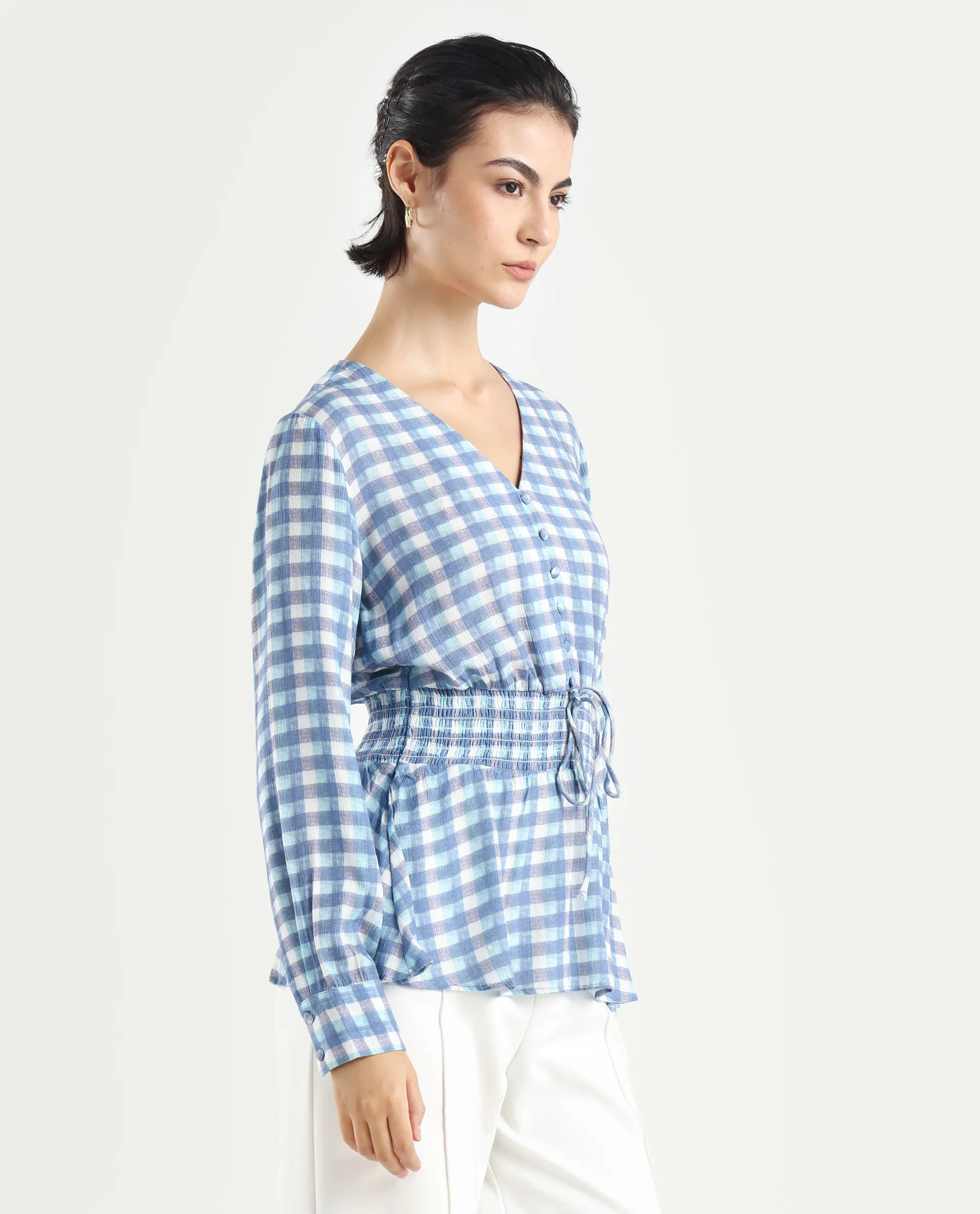 Rareism Women's Vibooy Blue Rayon V-Neck Flannel Print Cuffed Sleeve Regular Fit Top - Image 6