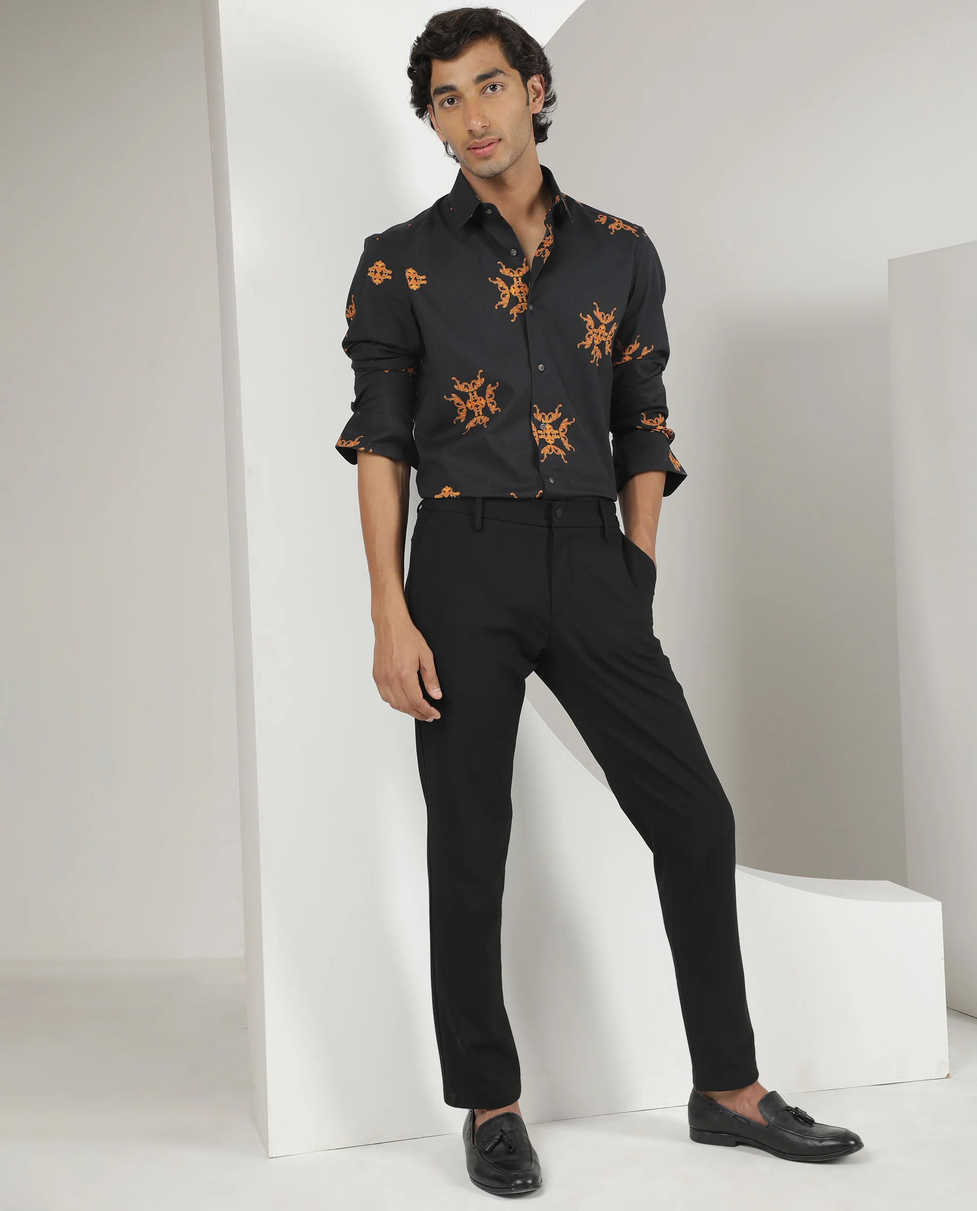 Rare Rabbit Men's Vicaroy Black Viscose Graphic Print Regular Fit Full Sleeve Spread Collar Shirt - Image 2