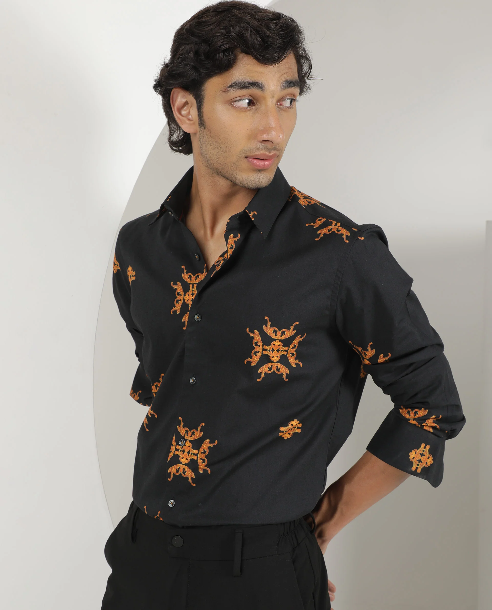 Rare Rabbit Men's Vicaroy Black Viscose Graphic Print Regular Fit Full Sleeve Spread Collar Shirt - Image 3