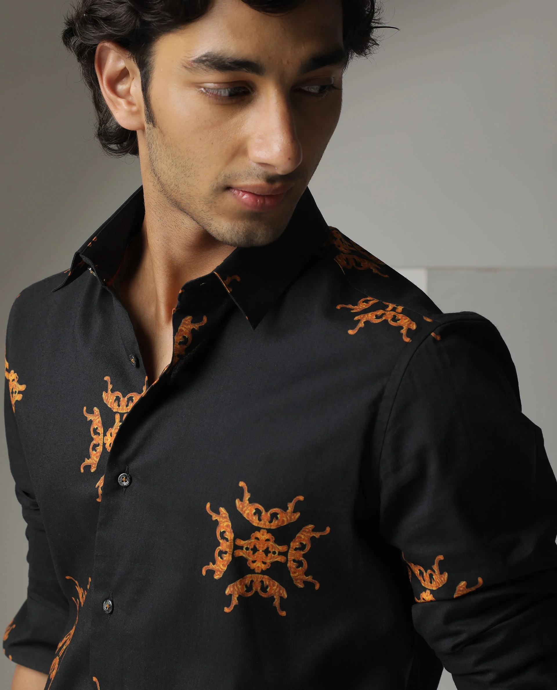Rare Rabbit Men's Vicaroy Black Viscose Graphic Print Regular Fit Full Sleeve Spread Collar Shirt - Image 4