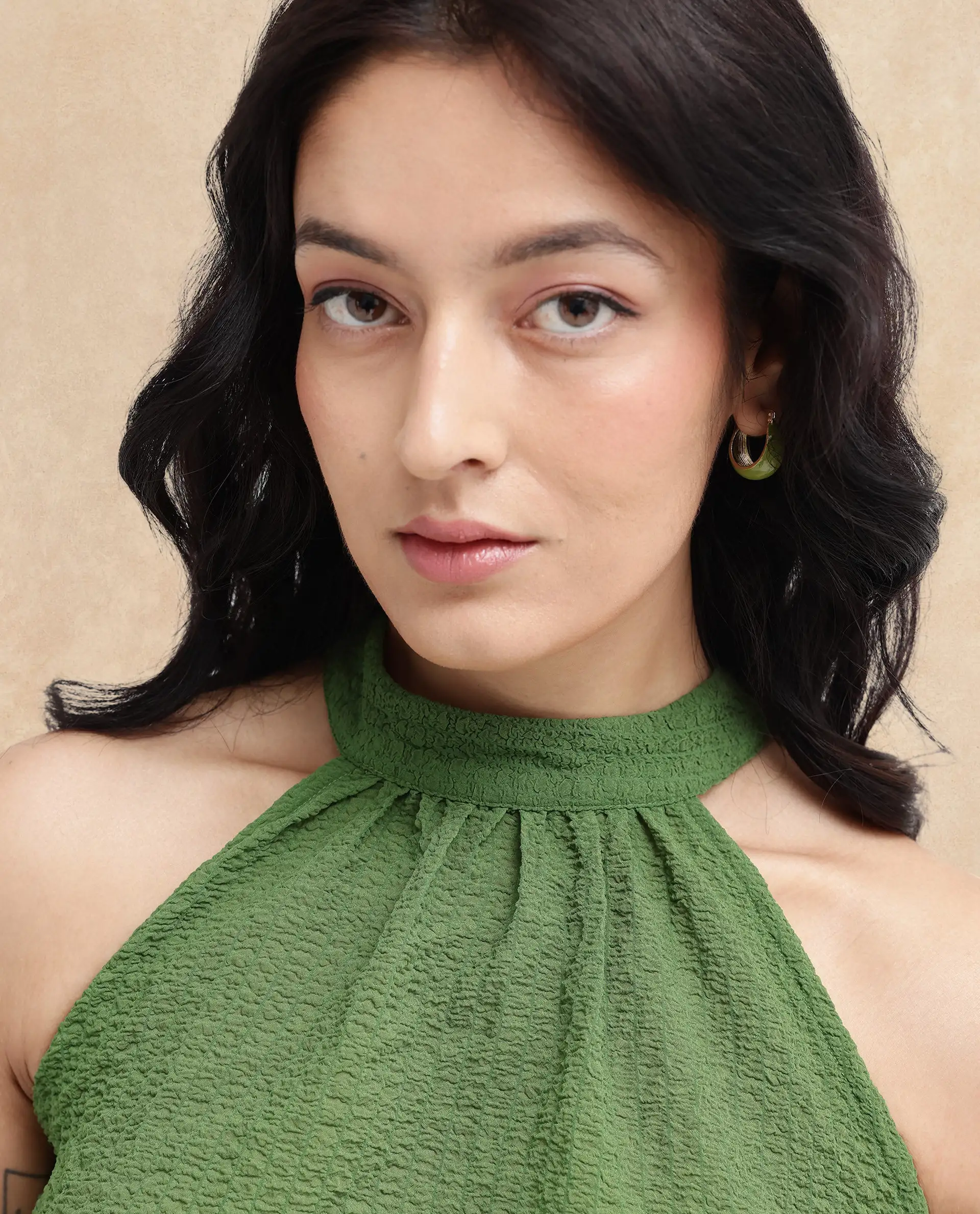 Rareism Women's Vicenza Dark Green Polyester Halter Neck Plain Sleeveless Regular Fit Top - Image 4