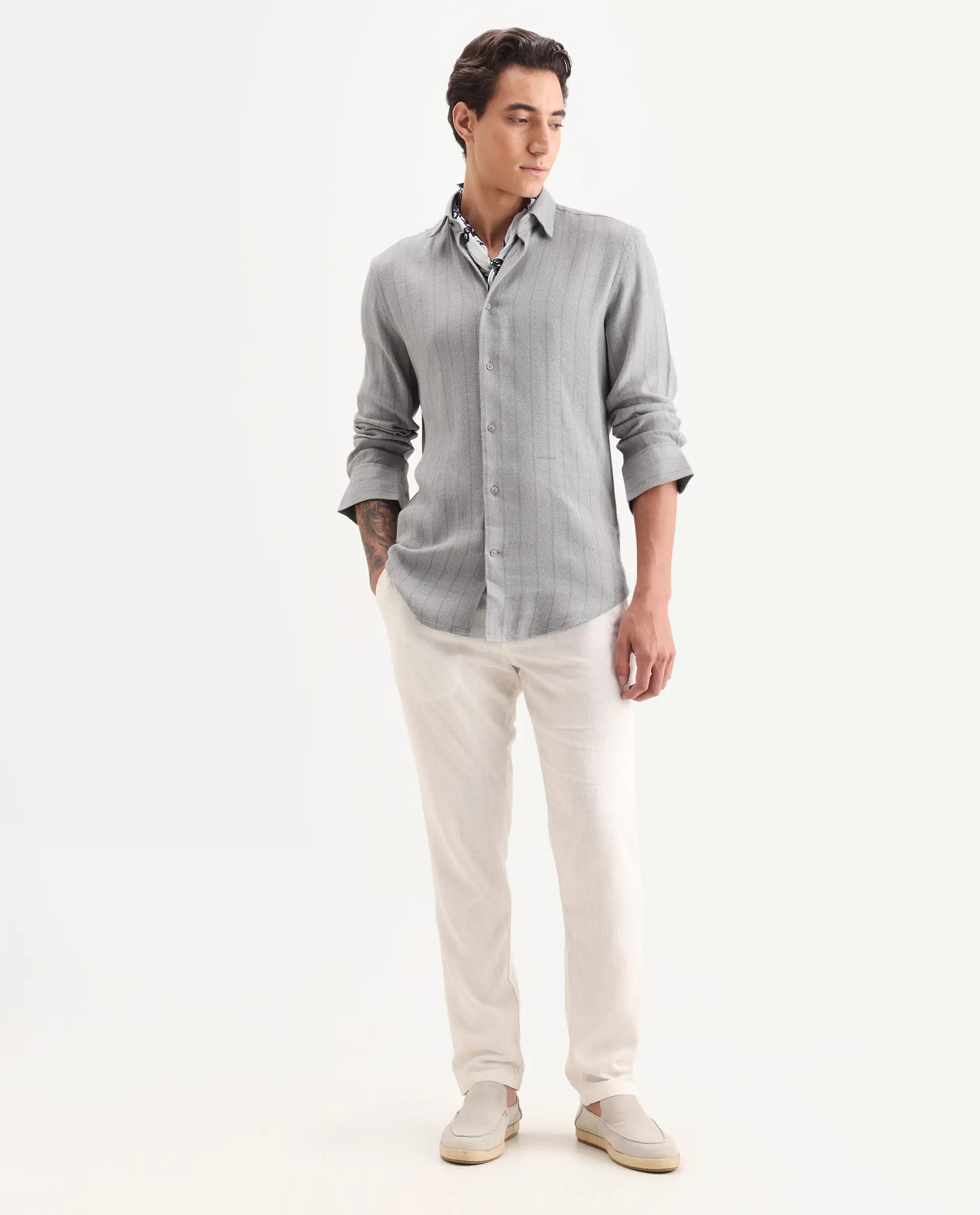 Rare Rabbit Men's Vico Grey Cotton Blend Fabric Spread Collar Regular Striped Shirt - Image 2