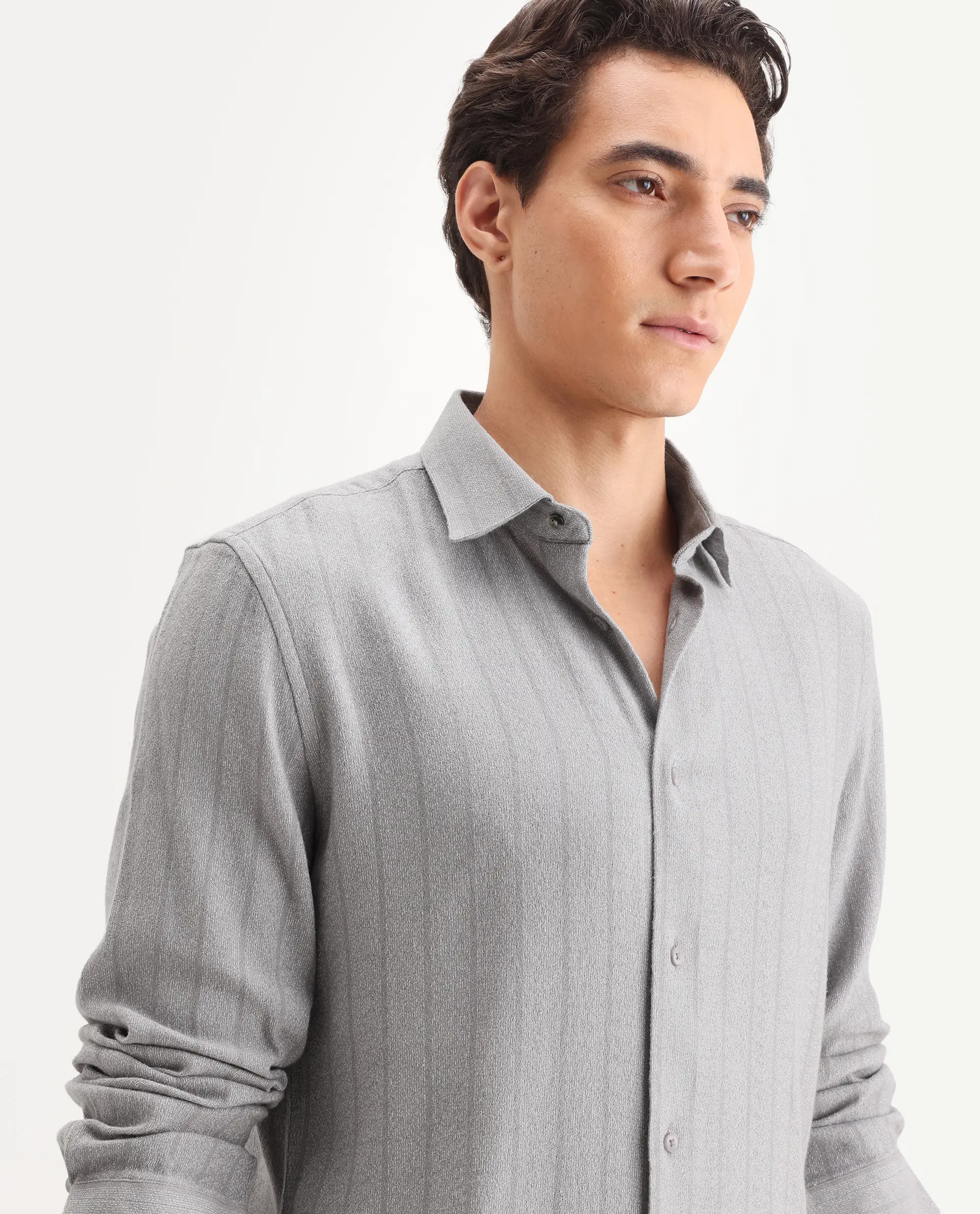 Rare Rabbit Men's Vico Grey Cotton Blend Fabric Spread Collar Regular Striped Shirt - Image 3