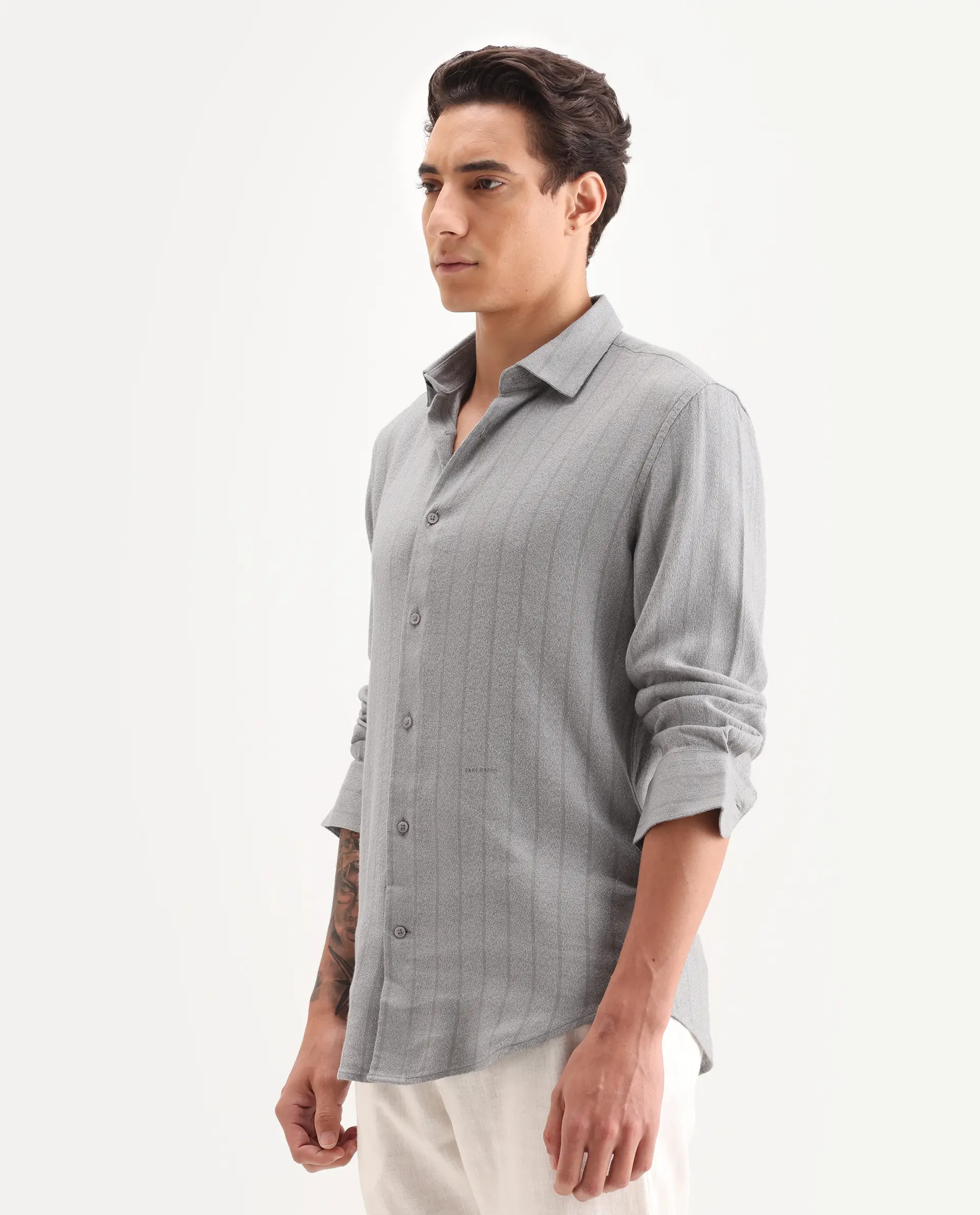Rare Rabbit Men's Vico Grey Cotton Blend Fabric Spread Collar Regular Striped Shirt - Image 4