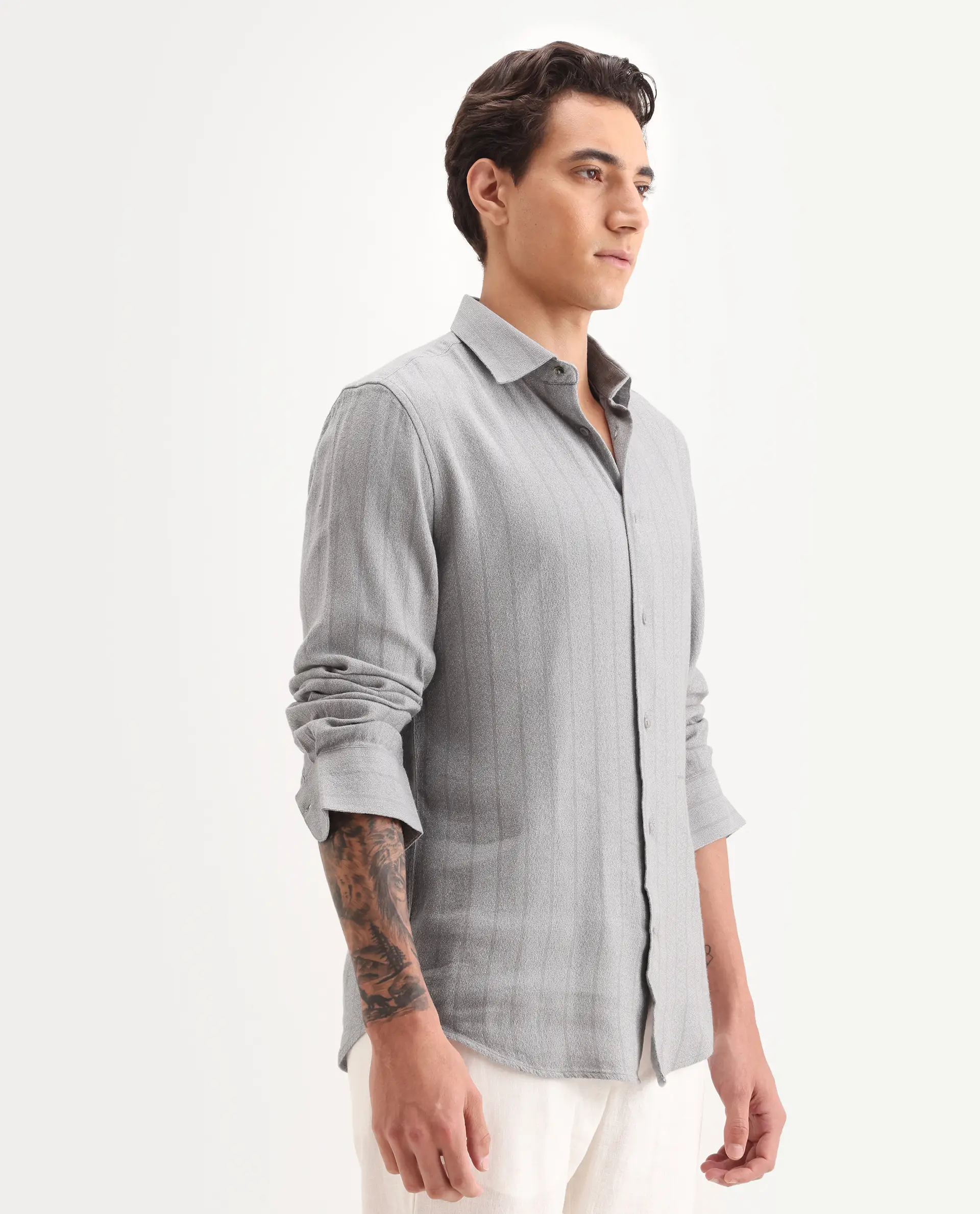 Rare Rabbit Men's Vico Grey Cotton Blend Fabric Spread Collar Regular Striped Shirt - Image 5