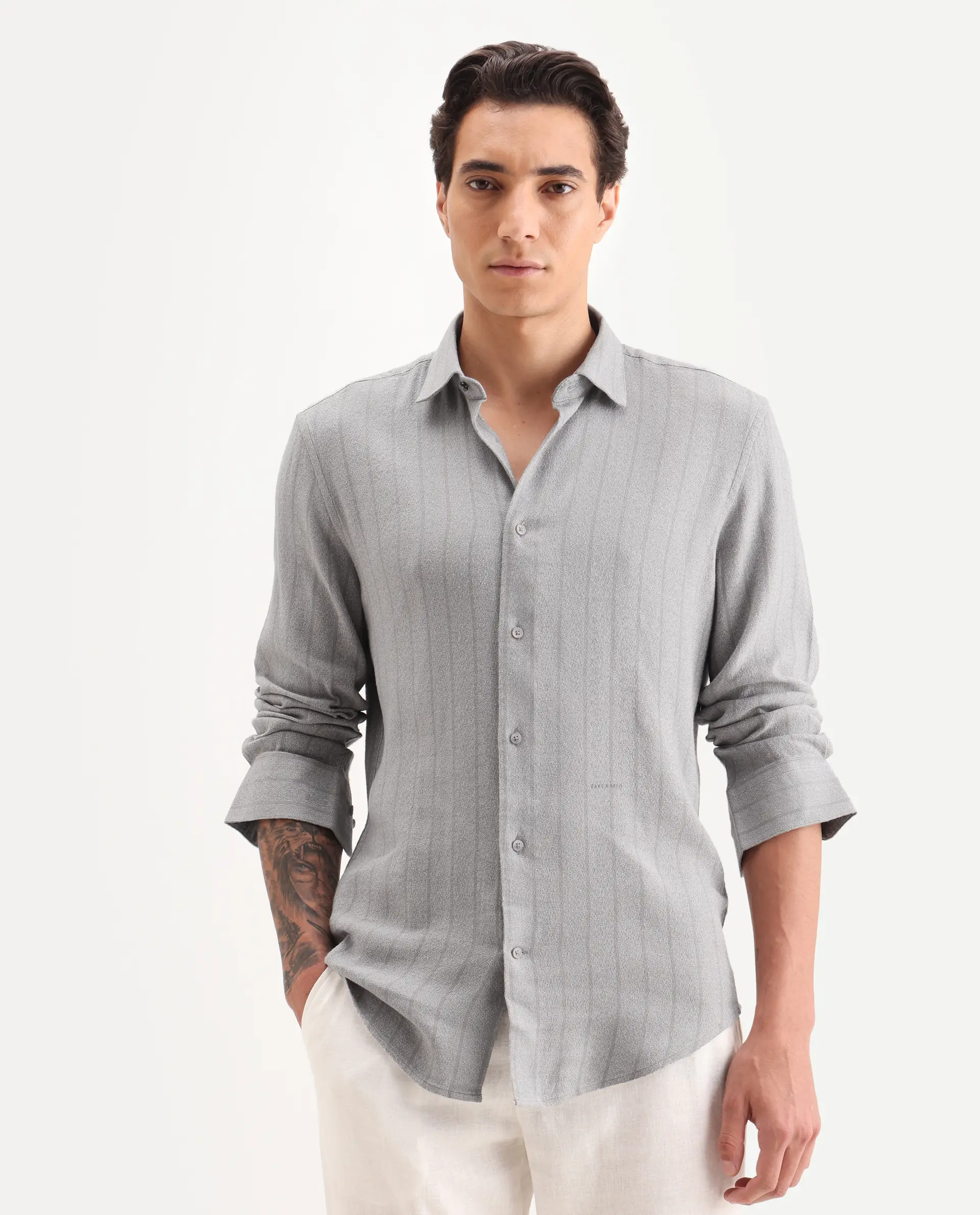 Rare Rabbit Men's Vico Grey Cotton Blend Fabric Spread Collar Regular Striped Shirt - Image 6