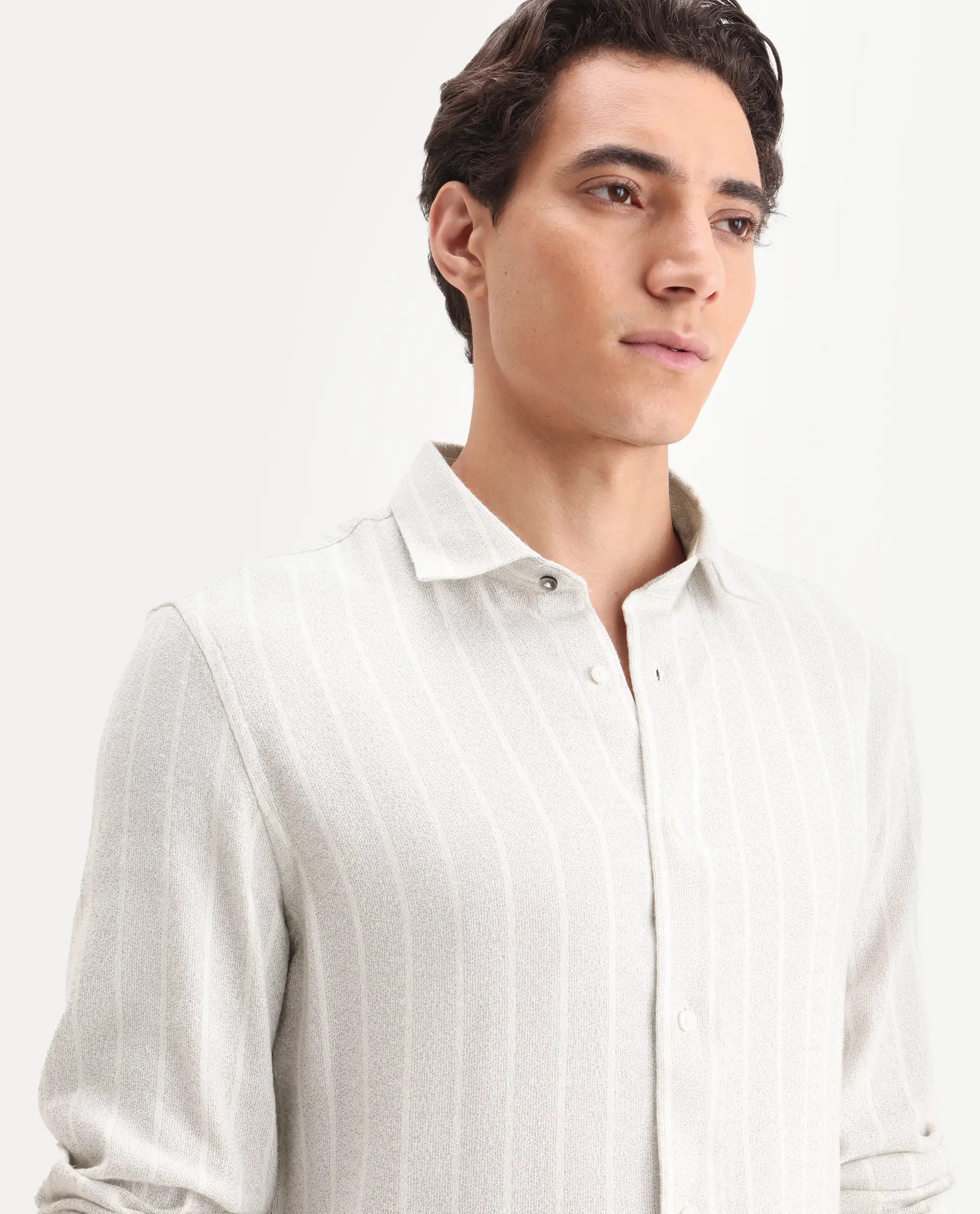 Rare Rabbit Men's Vico Off White Cotton Blend Fabric Spread Collar Regular Fit Striped Shirt - Image 3