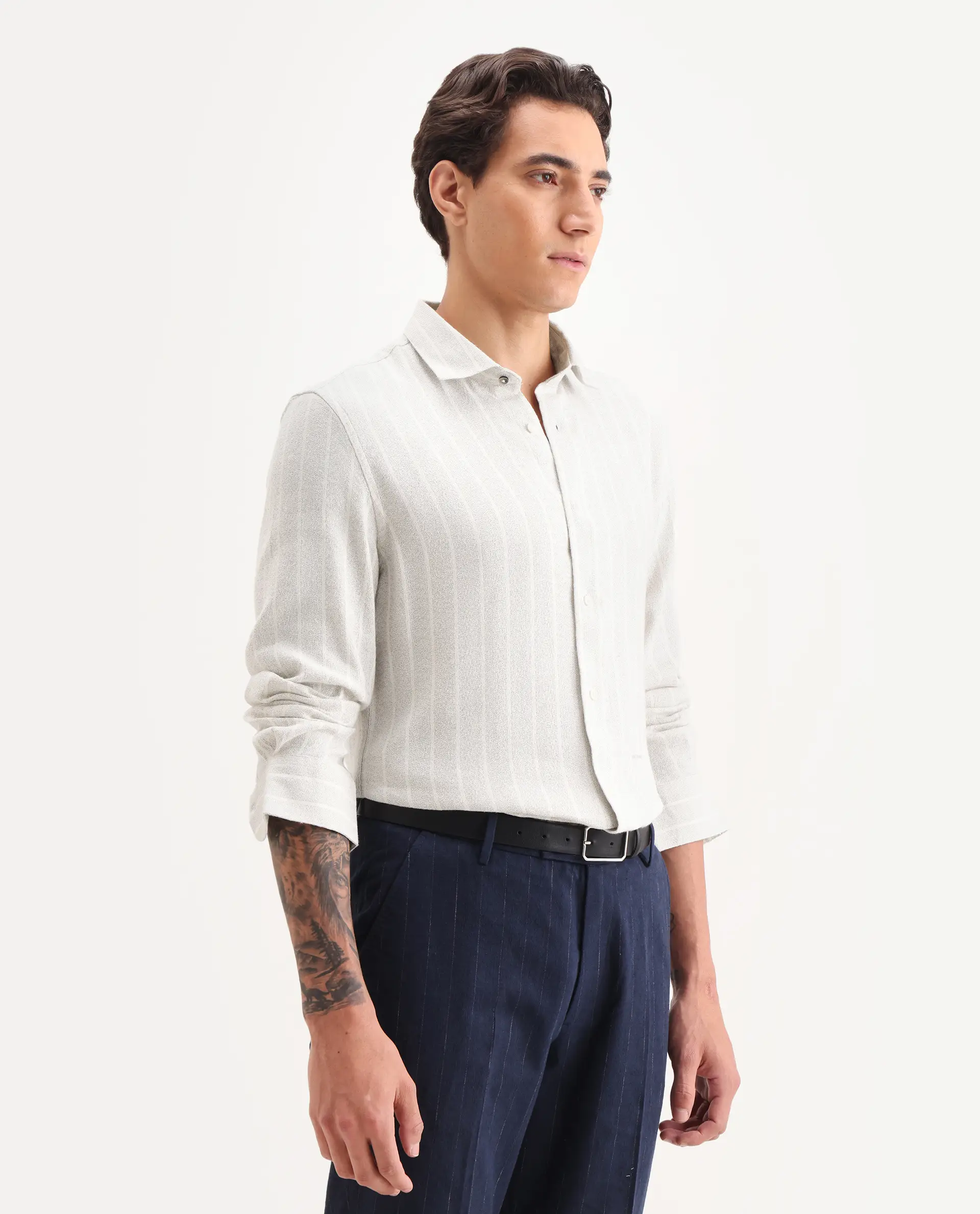 Rare Rabbit Men's Vico Off White Cotton Blend Fabric Spread Collar Regular Fit Striped Shirt - Image 5