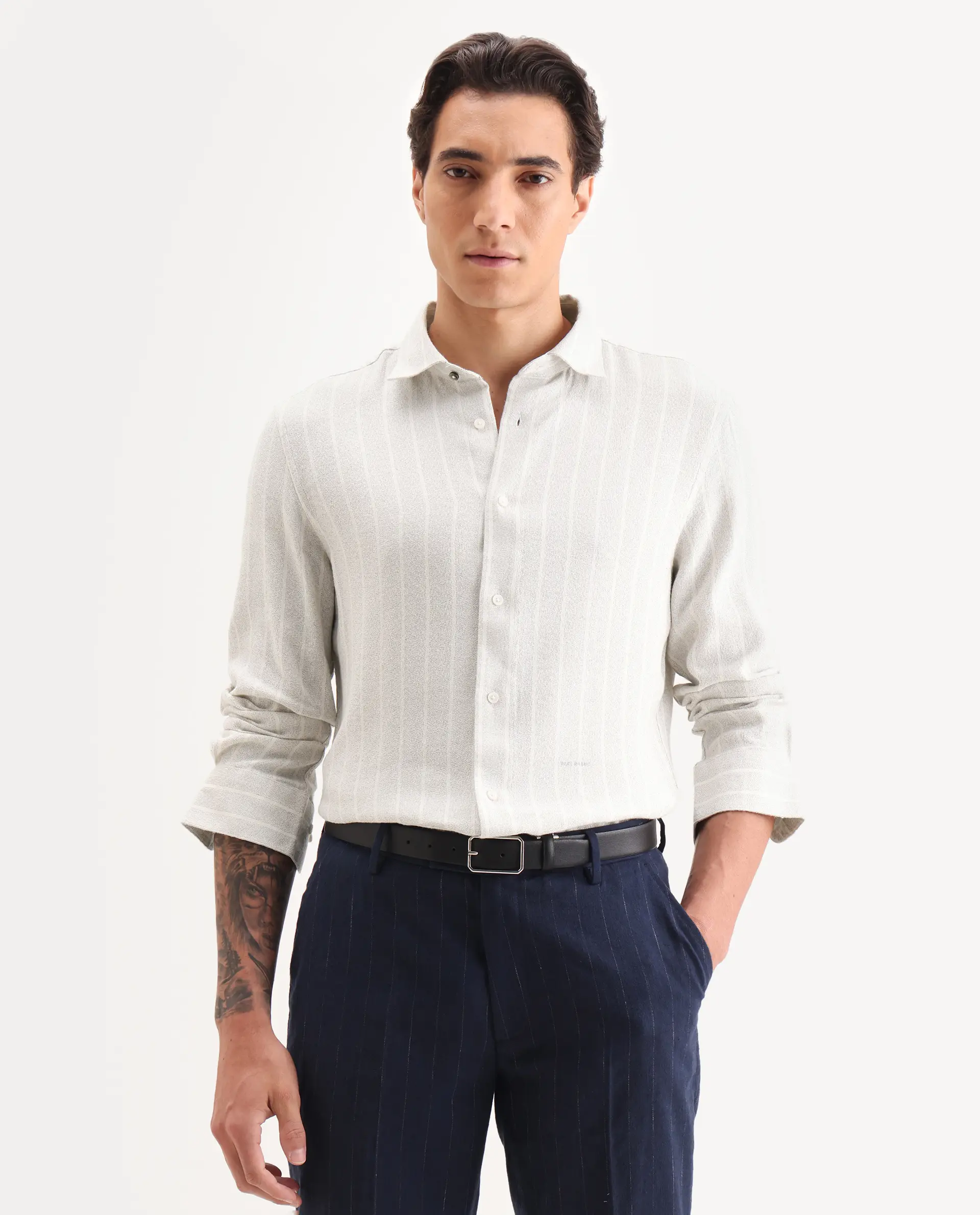 Rare Rabbit Men's Vico Off White Cotton Blend Fabric Spread Collar Regular Fit Striped Shirt - Image 6