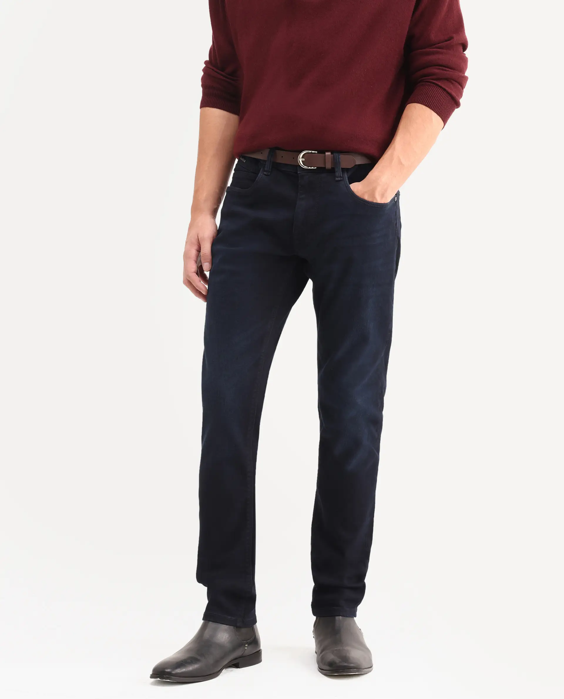 Rare Rabbit Men's Victo 26 Dark Blue Cotton Blend Fabric Shank And Zipper Hawk Slim Plain Jeans - Image 2