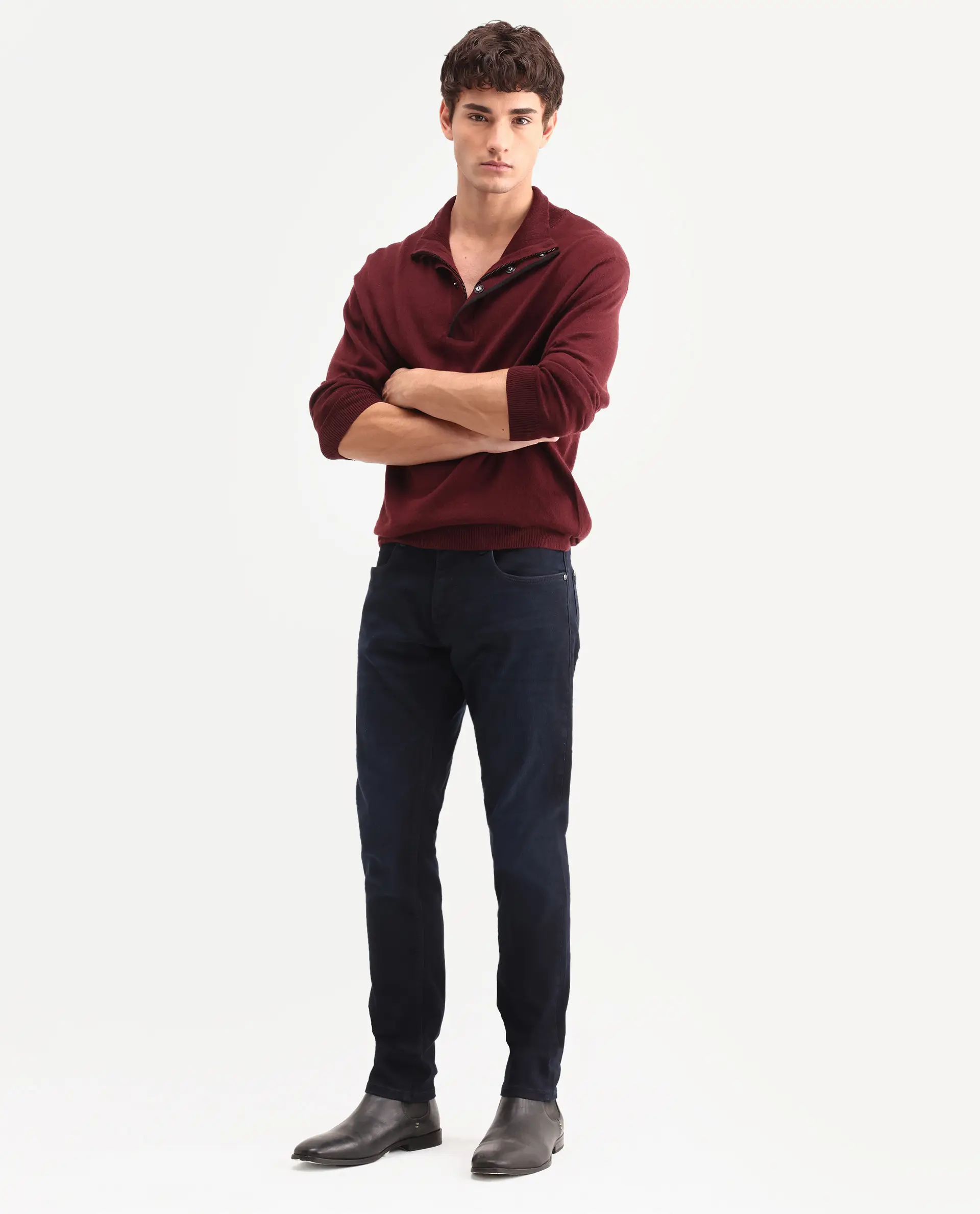 Rare Rabbit Men's Victo 26 Dark Blue Cotton Blend Fabric Shank And Zipper Hawk Slim Plain Jeans - Image 6