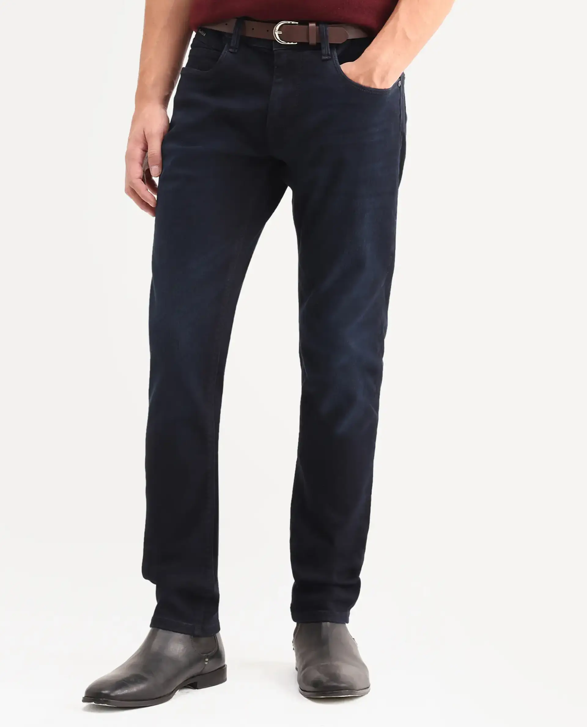 Rare Rabbit Men's Victo 26 Dark Blue Cotton Blend Fabric Shank And Zipper Hawk Slim Plain Jeans - Image 8