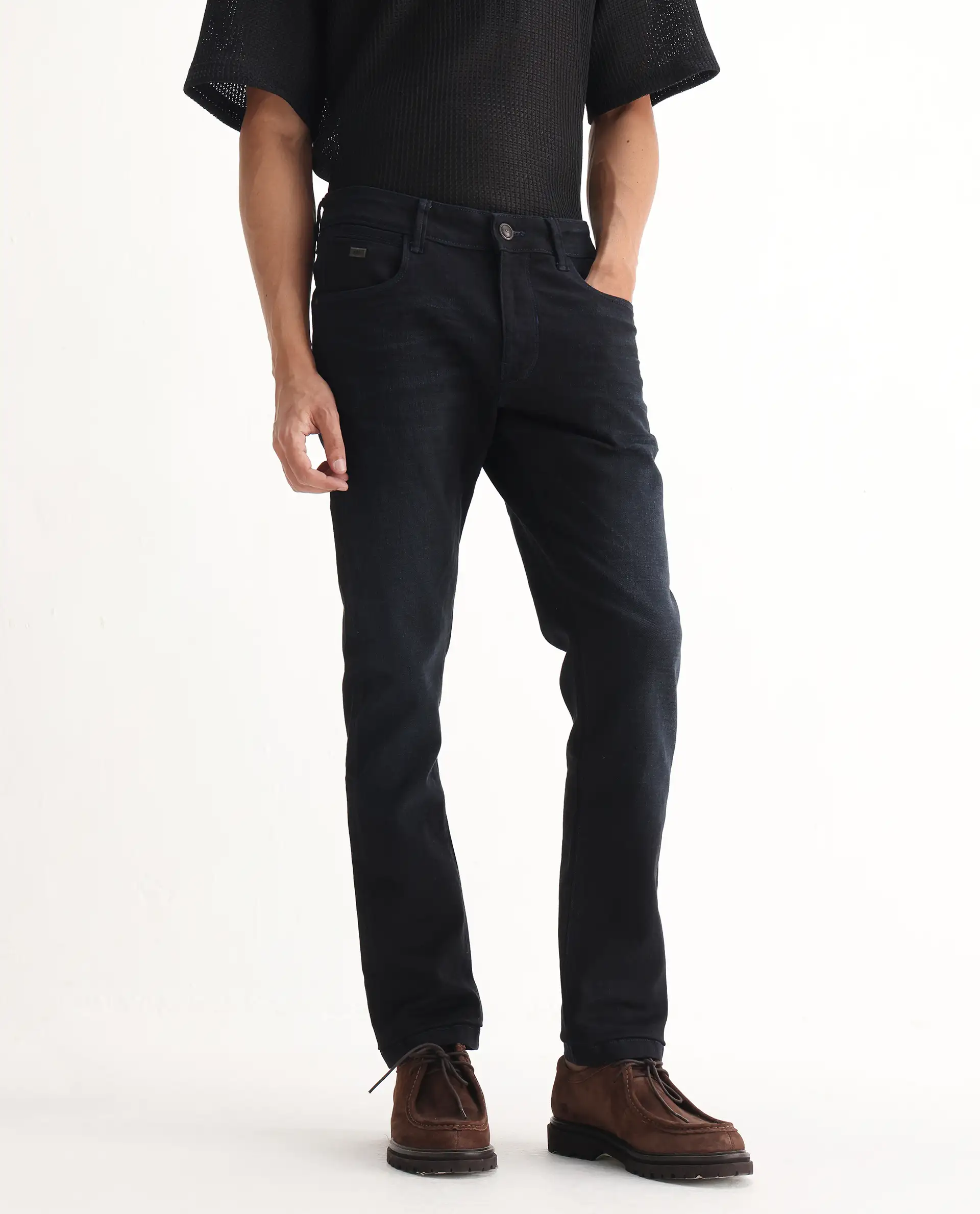 Rare Rabbit Men's Victo Navy Cotton Plain Hawk Slim Fit Jeans - Image 2