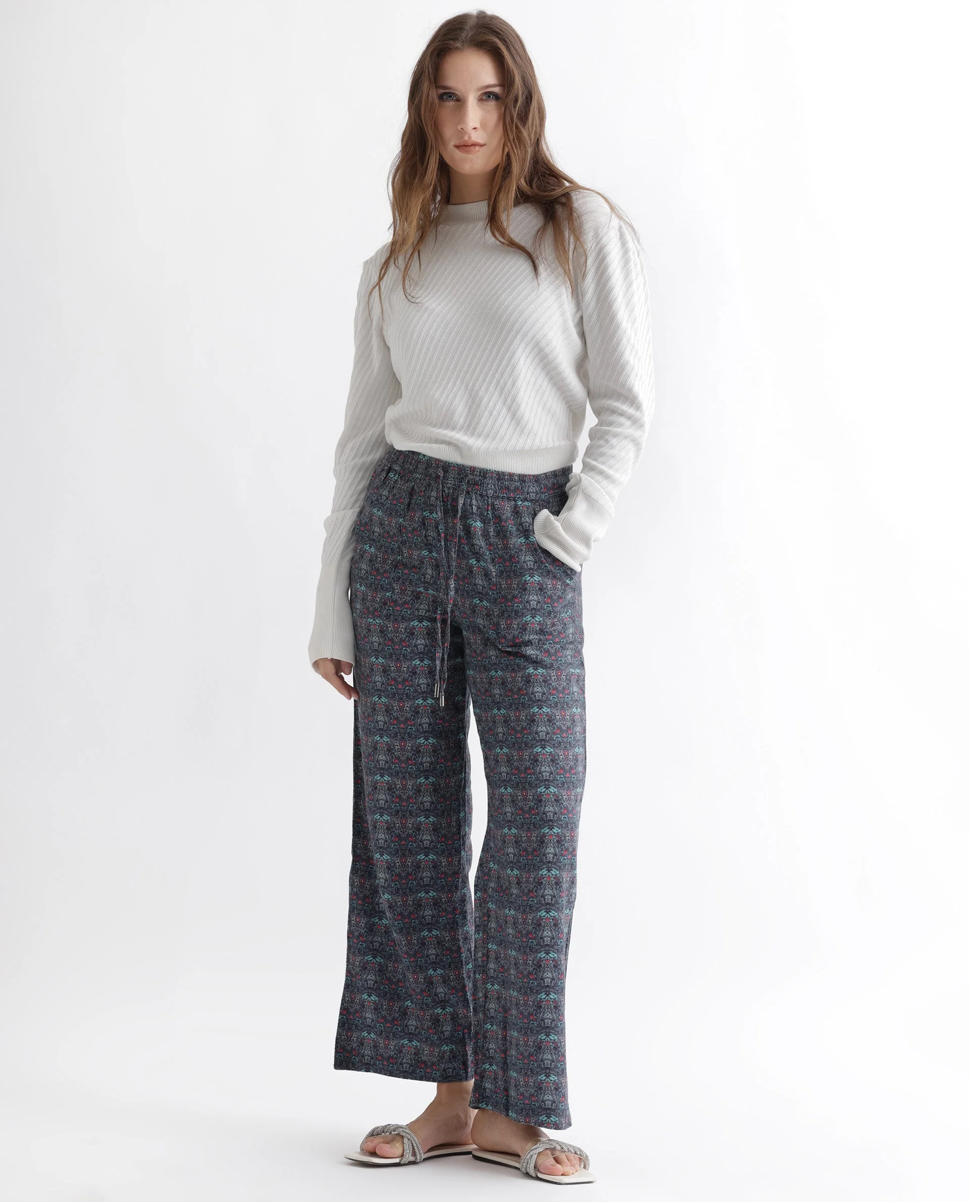 Rareism Women's Victo Grey Cotton Geometric Print Ankle Length Tailored Trouser