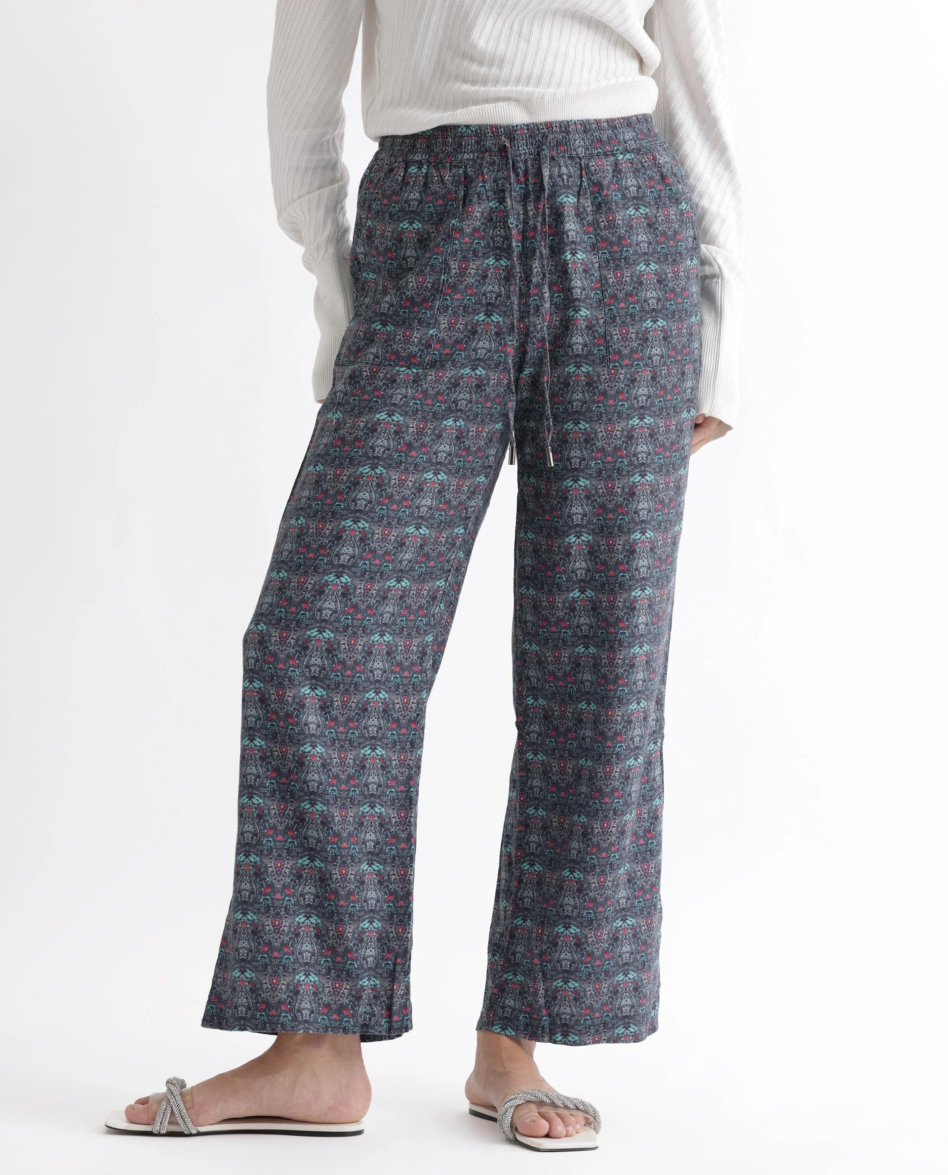 Rareism Women's Victo Grey Cotton Geometric Print Ankle Length Tailored Trouser - Image 2