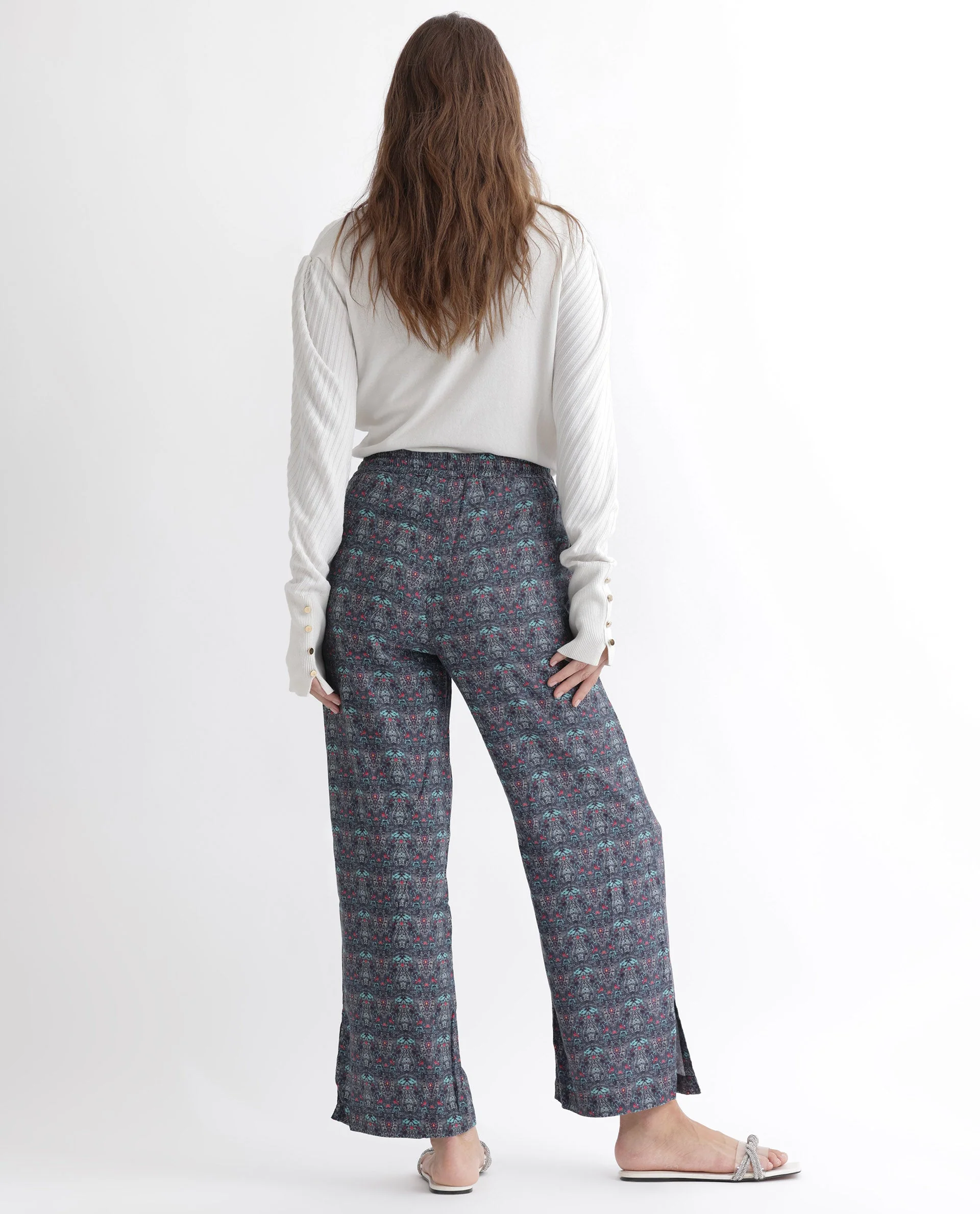 Rareism Women's Victo Grey Cotton Geometric Print Ankle Length Tailored Trouser - Image 7