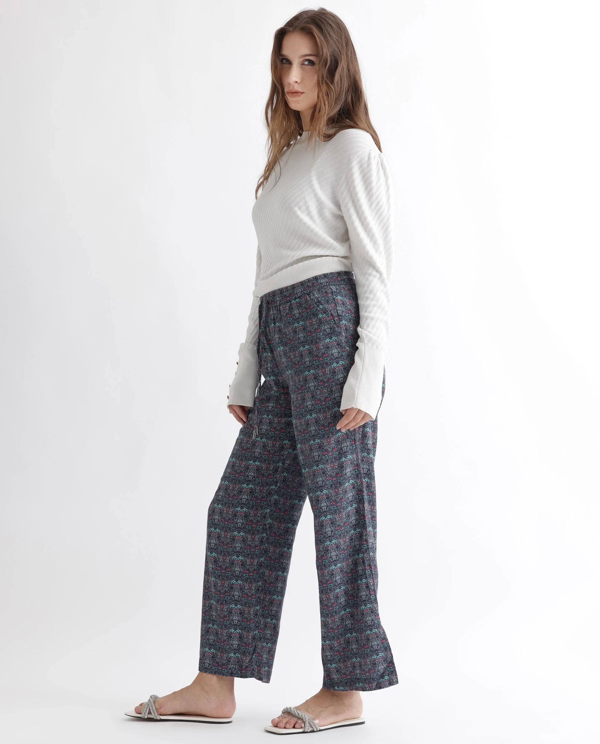 Rareism Women's Victo Grey Cotton Geometric Print Ankle Length Tailored Trouser - Image 9