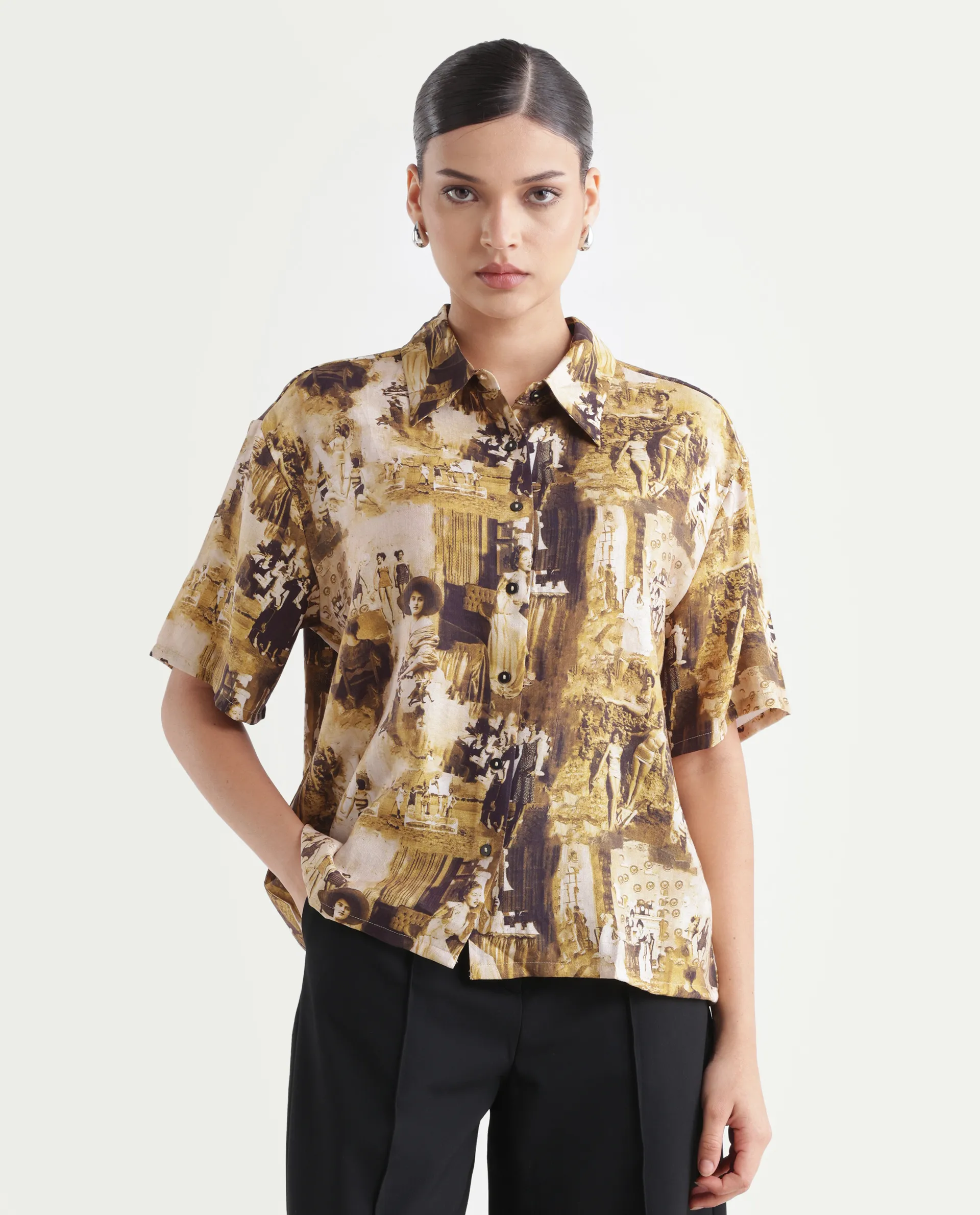 Rareism Women's Victoria Multi Viscose Spread Collar Object Print Boxy Fit Top - Image 3