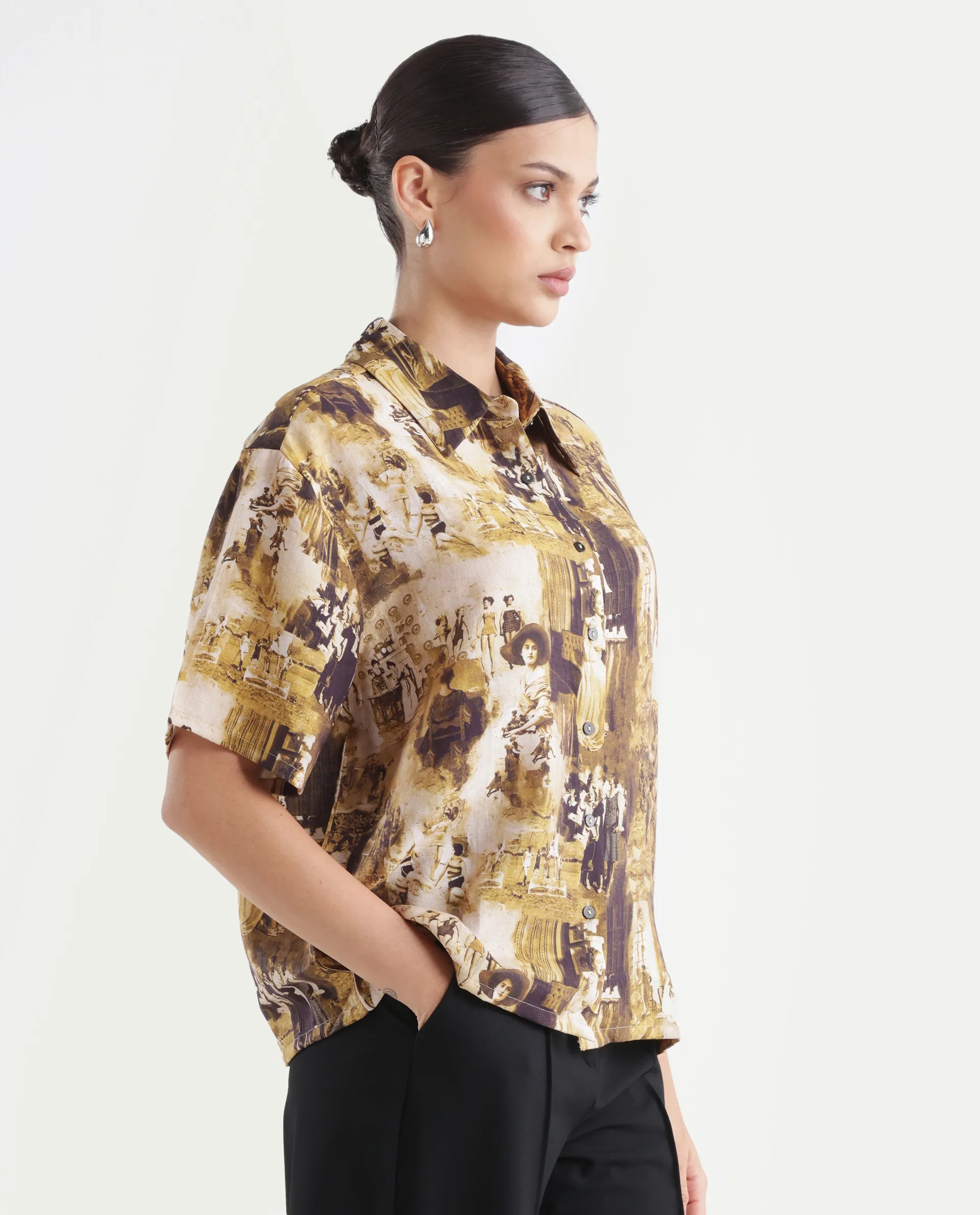 Rareism Women's Victoria Multi Viscose Spread Collar Object Print Boxy Fit Top - Image 5