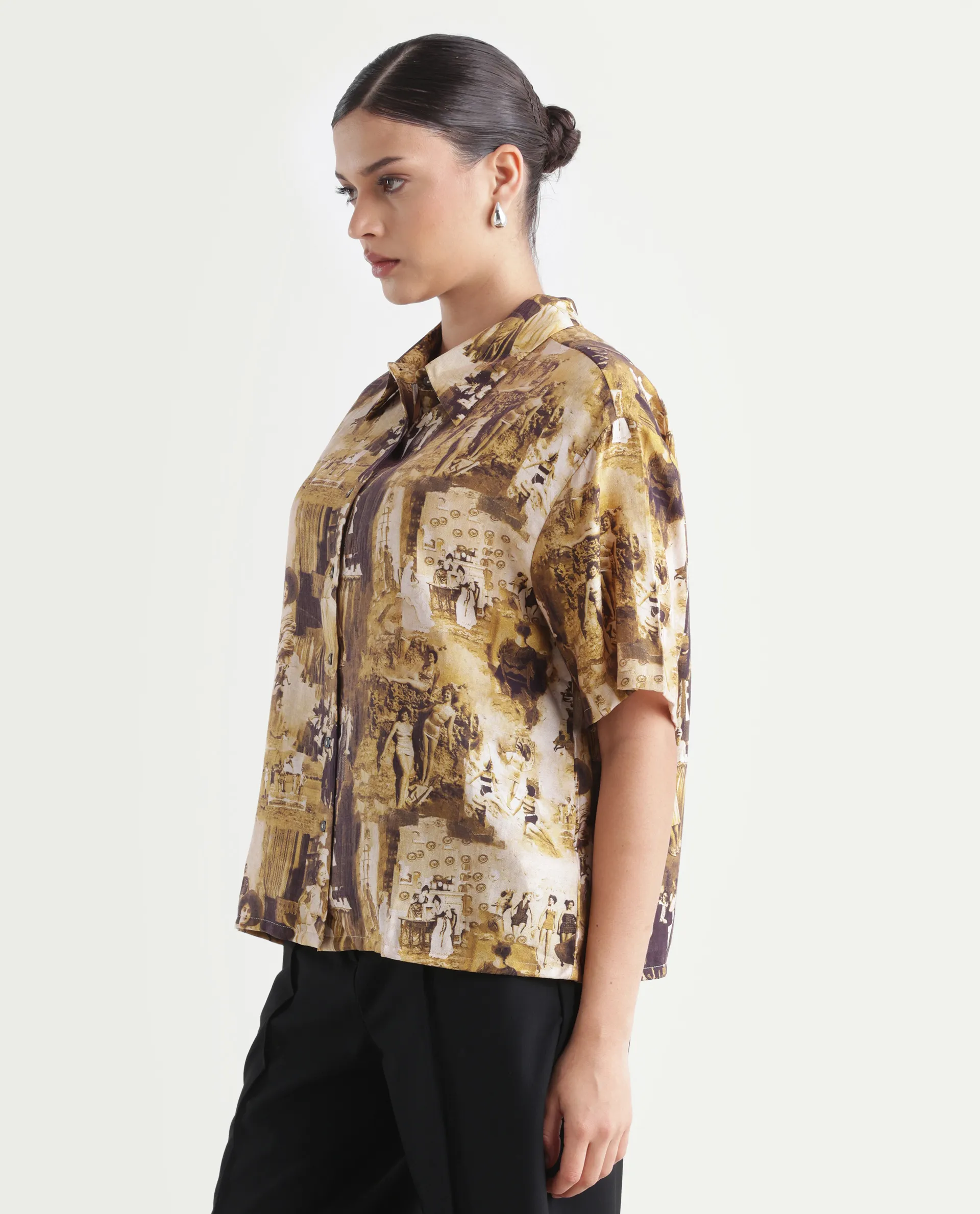 Rareism Women's Victoria Multi Viscose Spread Collar Object Print Boxy Fit Top - Image 6
