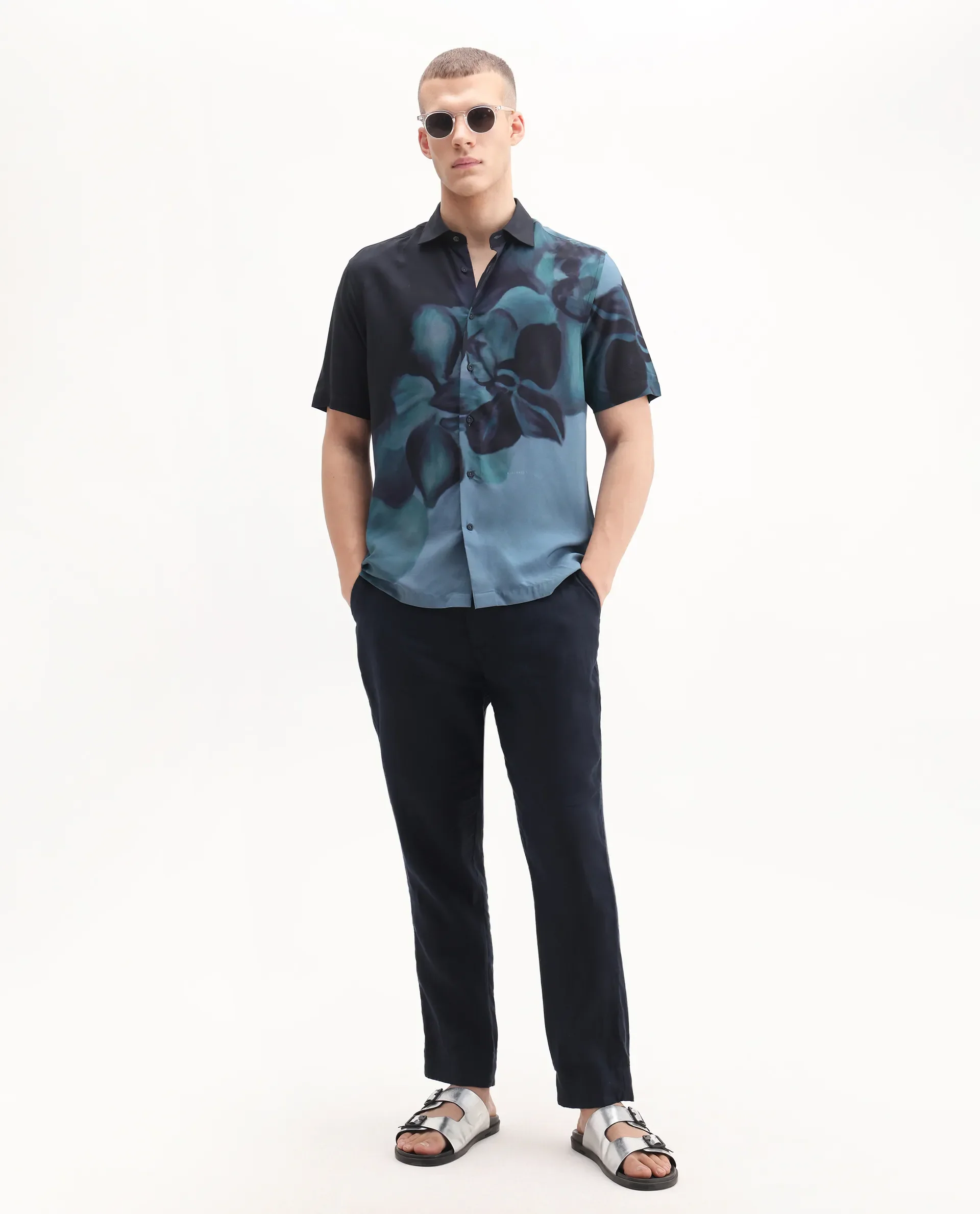 Rare Rabbit Men's Vider 1 Dusky Green Viscose Floral Print Relaxed Fit Half Sleeve Collared Shirt - Image 3