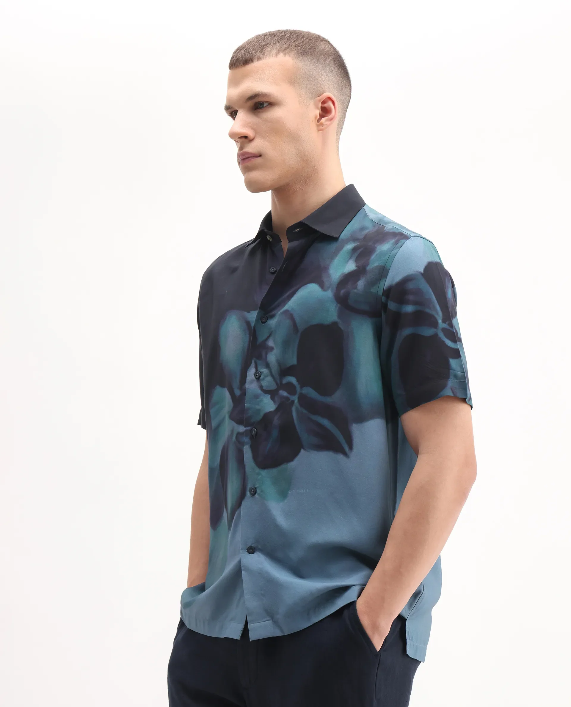 Rare Rabbit Men's Vider 1 Dusky Green Viscose Floral Print Relaxed Fit Half Sleeve Collared Shirt - Image 5
