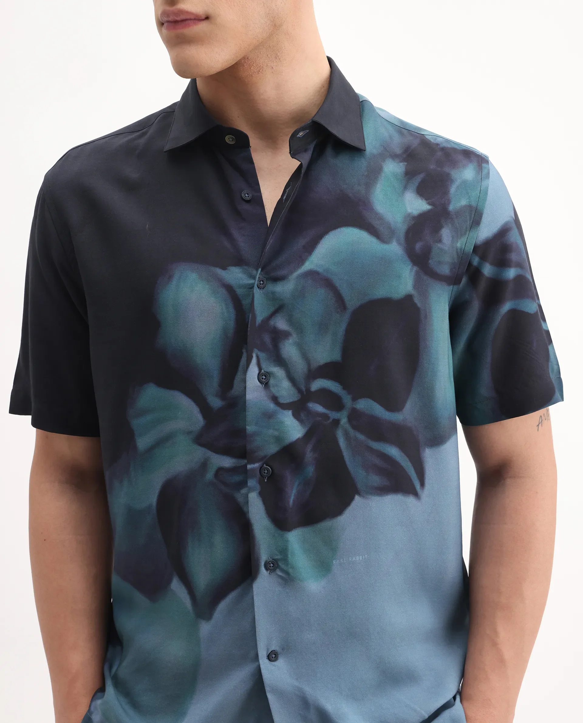 Rare Rabbit Men's Vider 1 Dusky Green Viscose Floral Print Relaxed Fit Half Sleeve Collared Shirt - Image 8