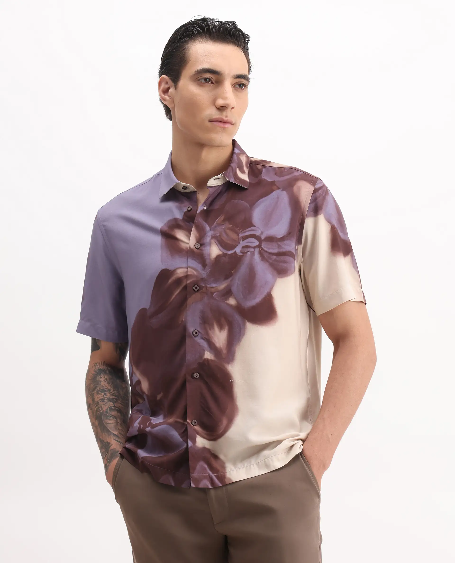 Rare Rabbit Men's Vider 2 Dusky Blue Viscose Floral Print Relaxed Fit Half Sleeve Collared Shirt - Image 4