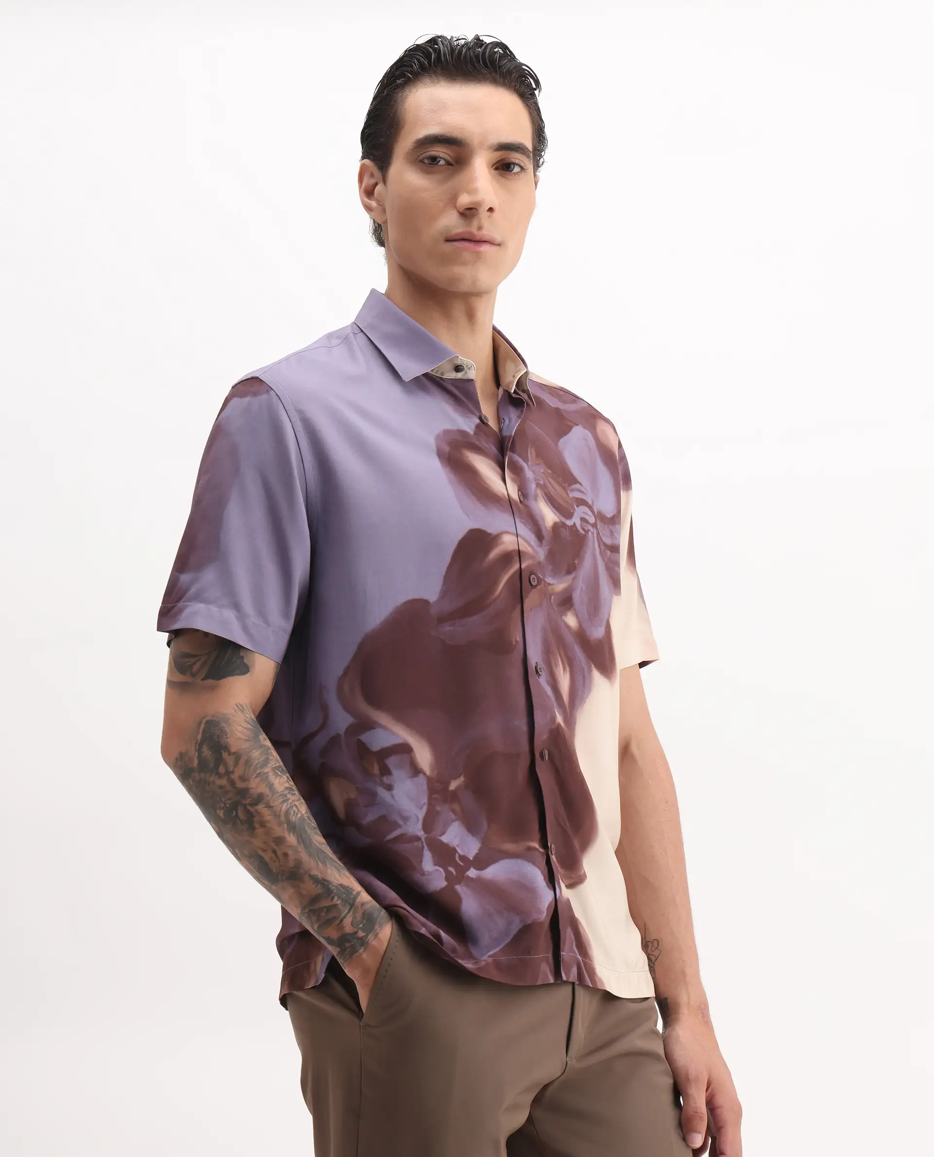Rare Rabbit Men's Vider 2 Dusky Blue Viscose Floral Print Relaxed Fit Half Sleeve Collared Shirt - Image 6
