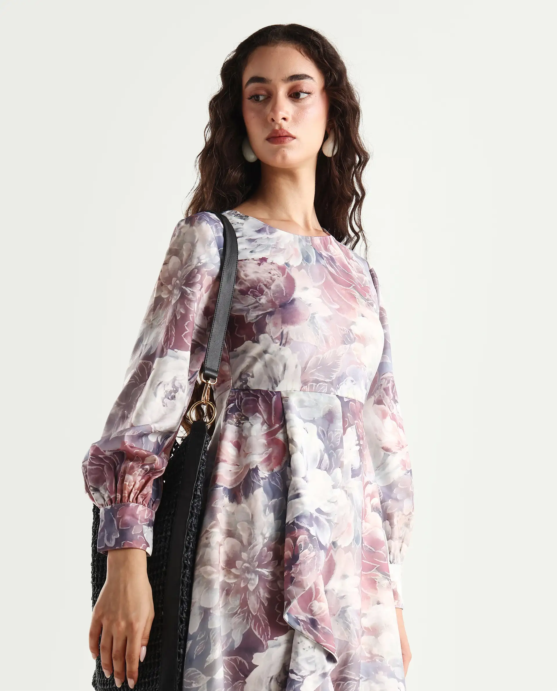 Rareism Women's Vienne Light Multi Satin Round Neck Floral Print Puff Sleeves Maxi Flared Dress - Image 2