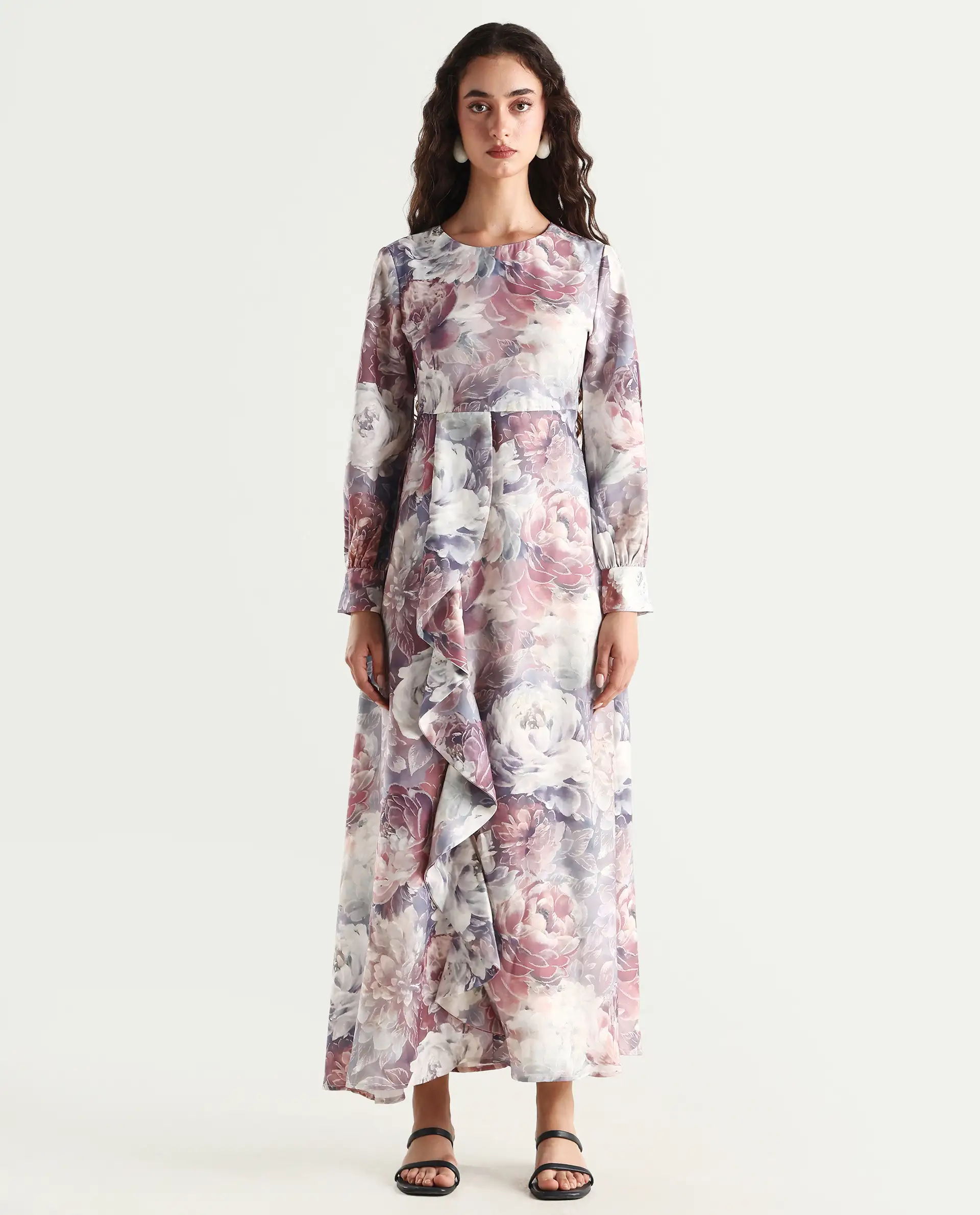 Rareism Women's Vienne Light Multi Satin Round Neck Floral Print Puff Sleeves Maxi Flared Dress - Image 3