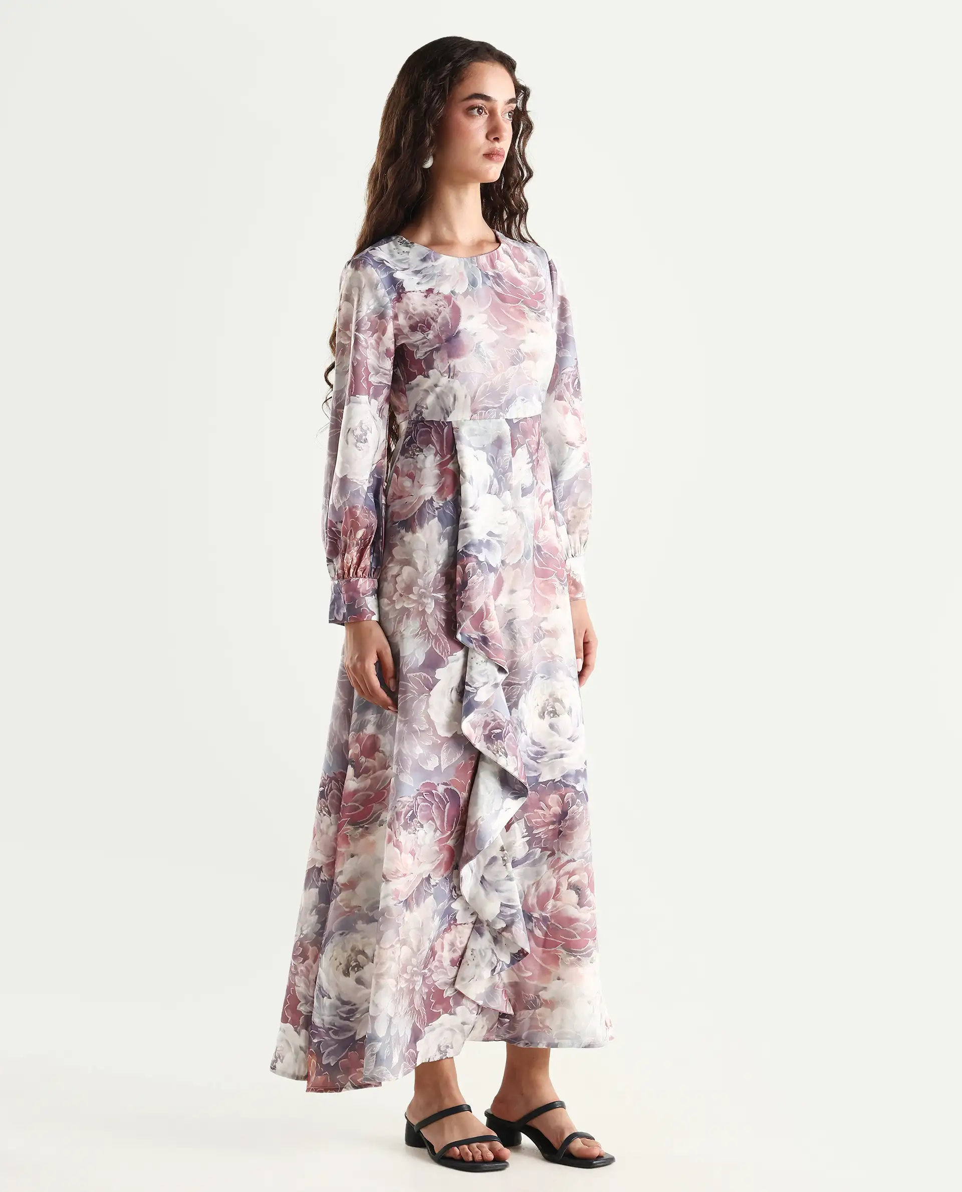 Rareism Women's Vienne Light Multi Satin Round Neck Floral Print Puff Sleeves Maxi Flared Dress - Image 4