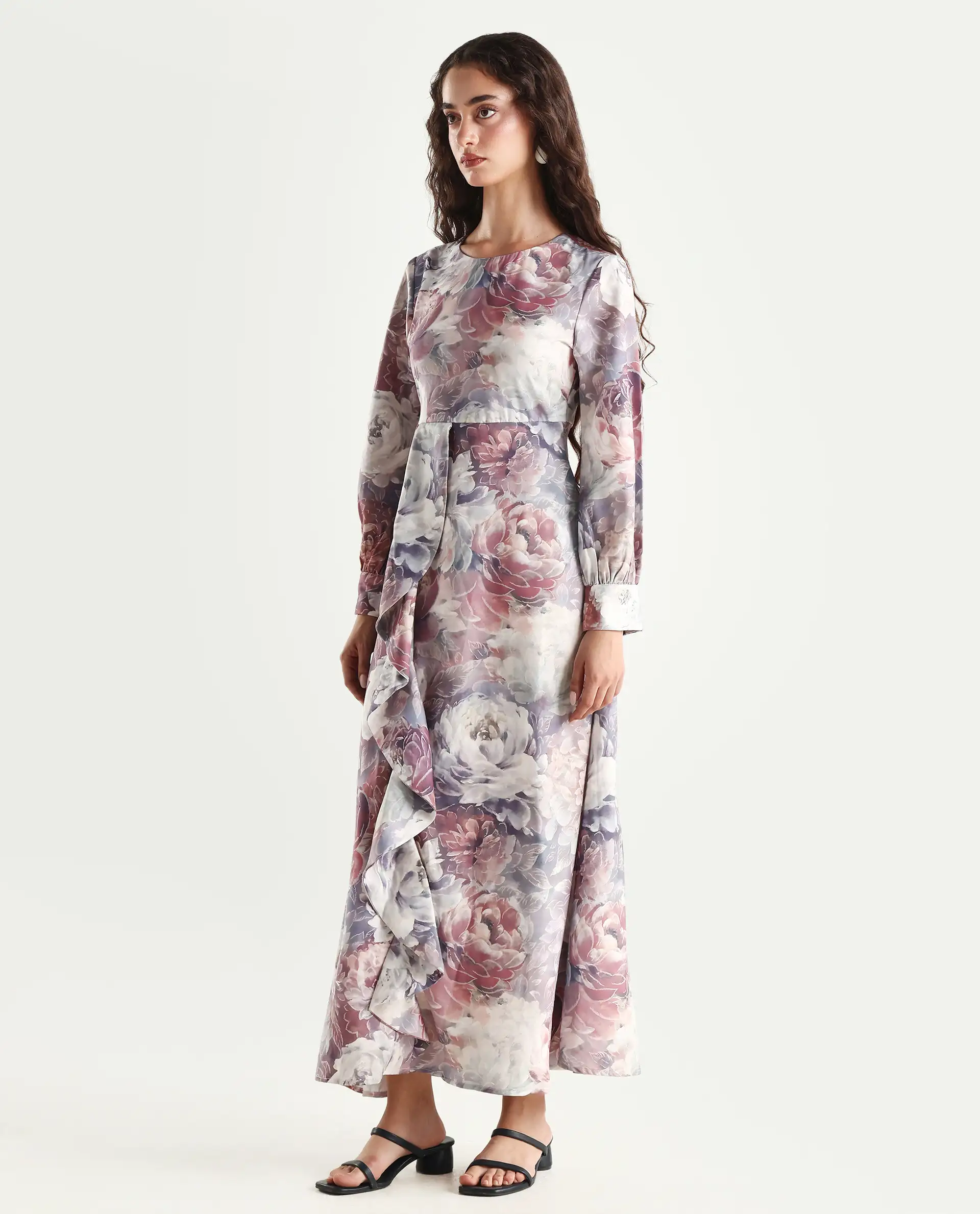 Rareism Women's Vienne Light Multi Satin Round Neck Floral Print Puff Sleeves Maxi Flared Dress - Image 5
