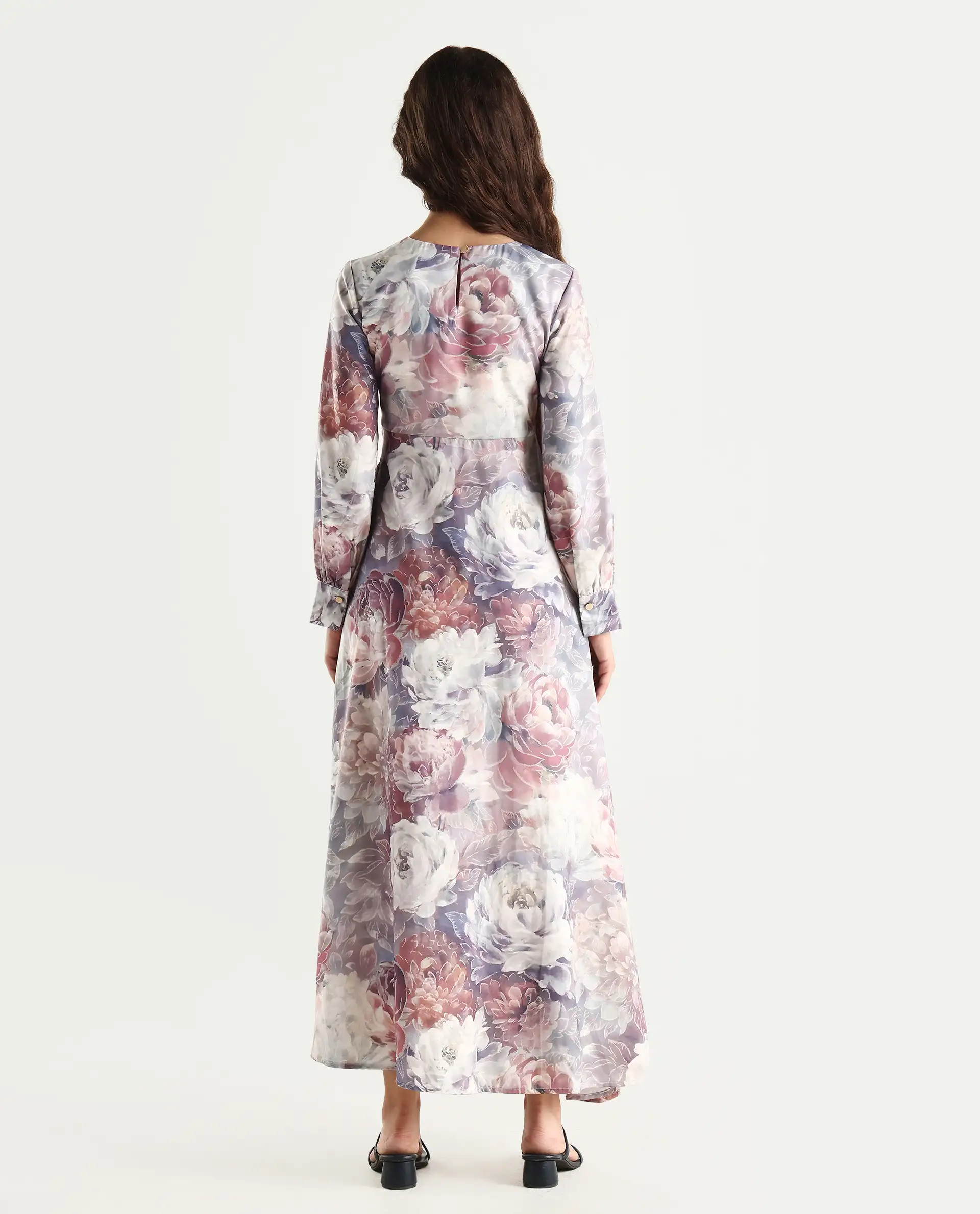 Rareism Women's Vienne Light Multi Satin Round Neck Floral Print Puff Sleeves Maxi Flared Dress - Image 6