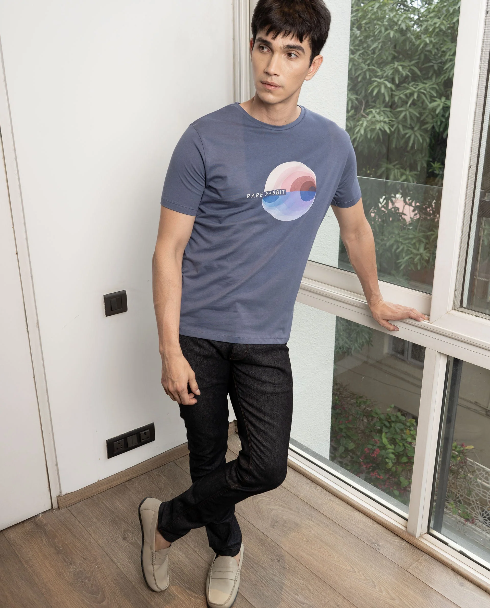 Rare Rabbit Men's View Blue Cotton Graphic Print Slim Fit Half Sleeve Crew Neck T-Shirt - Image 3