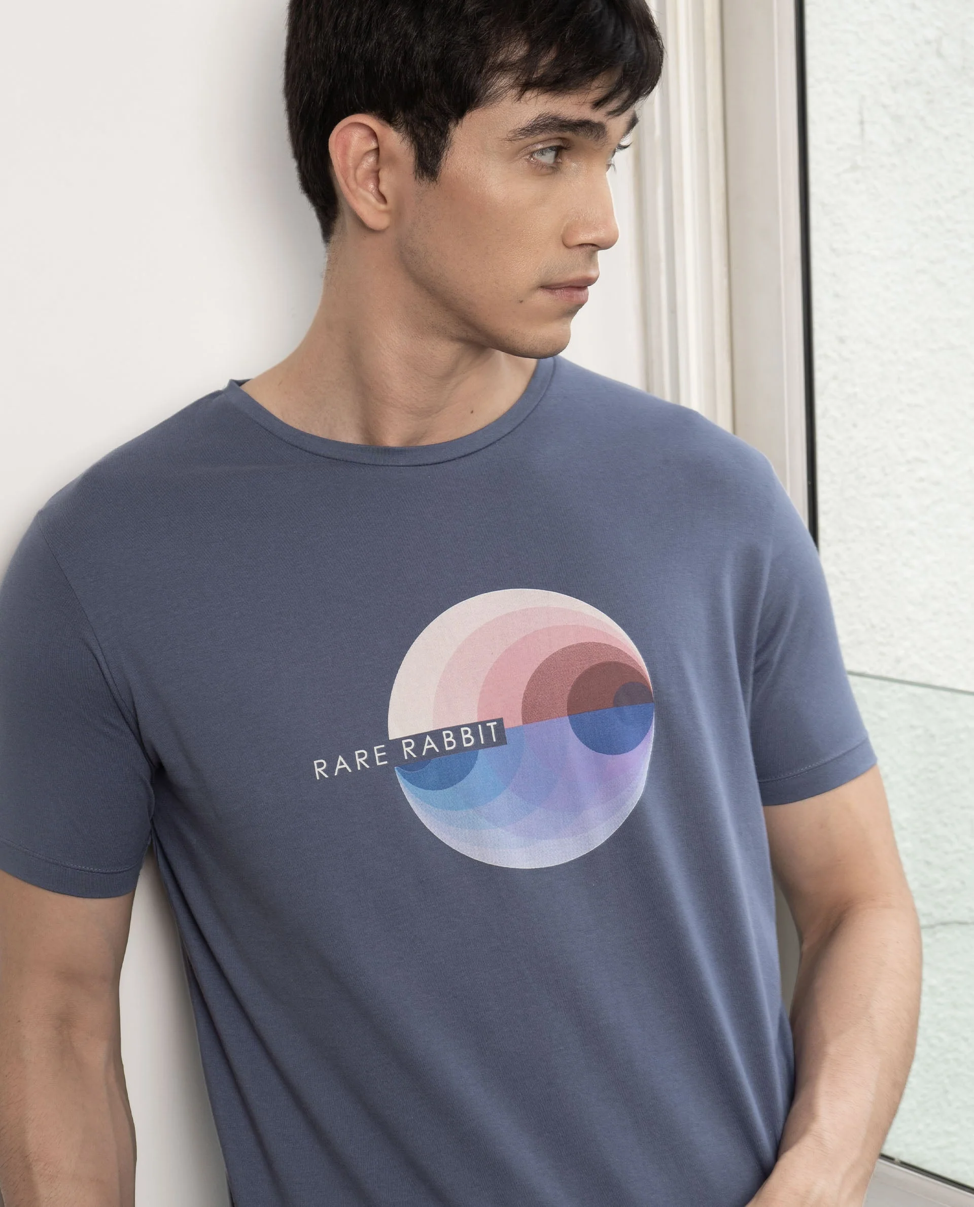 Rare Rabbit Men's View Blue Cotton Graphic Print Slim Fit Half Sleeve Crew Neck T-Shirt - Image 5