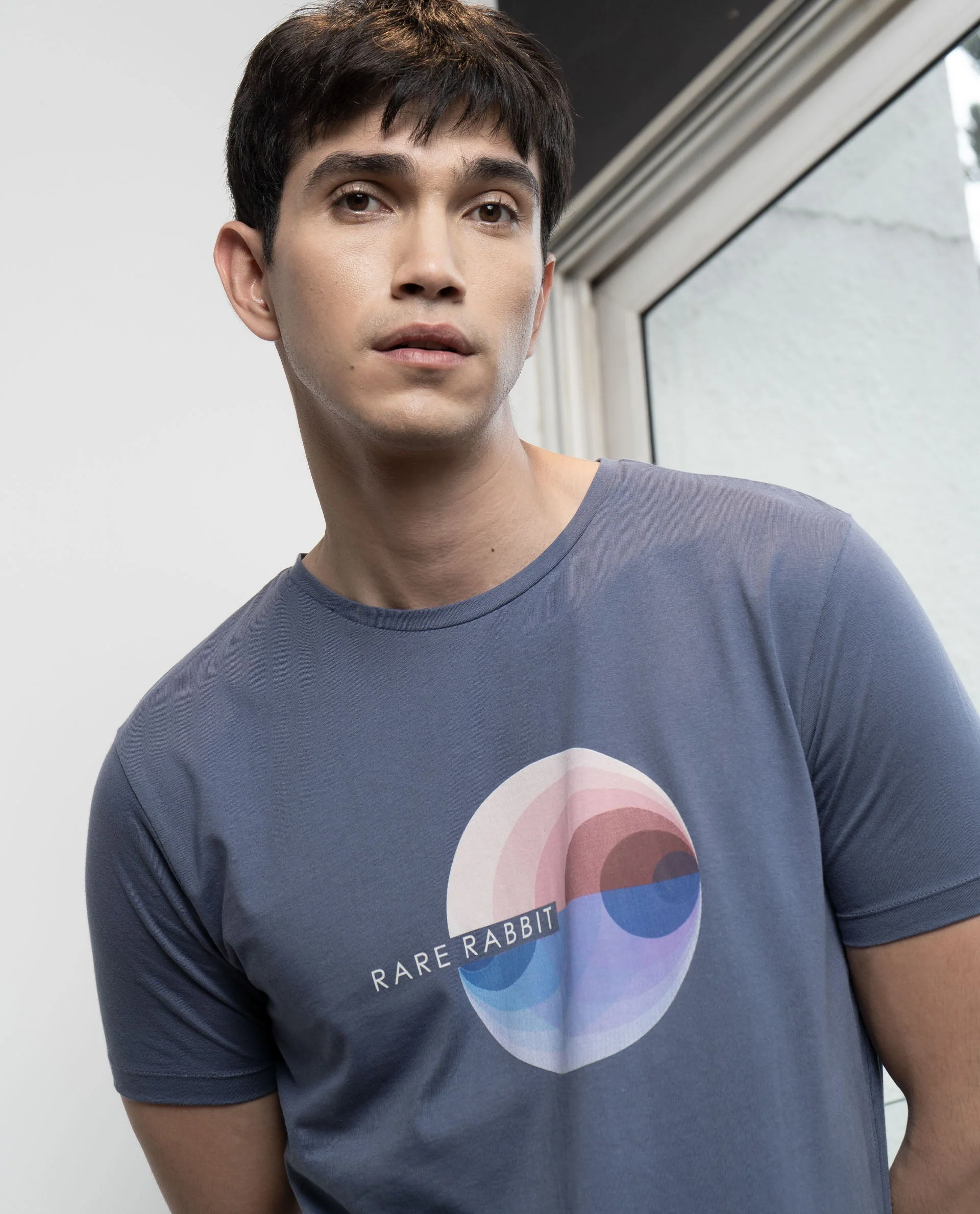 Rare Rabbit Men's View Blue Cotton Graphic Print Slim Fit Half Sleeve Crew Neck T-Shirt - Image 7