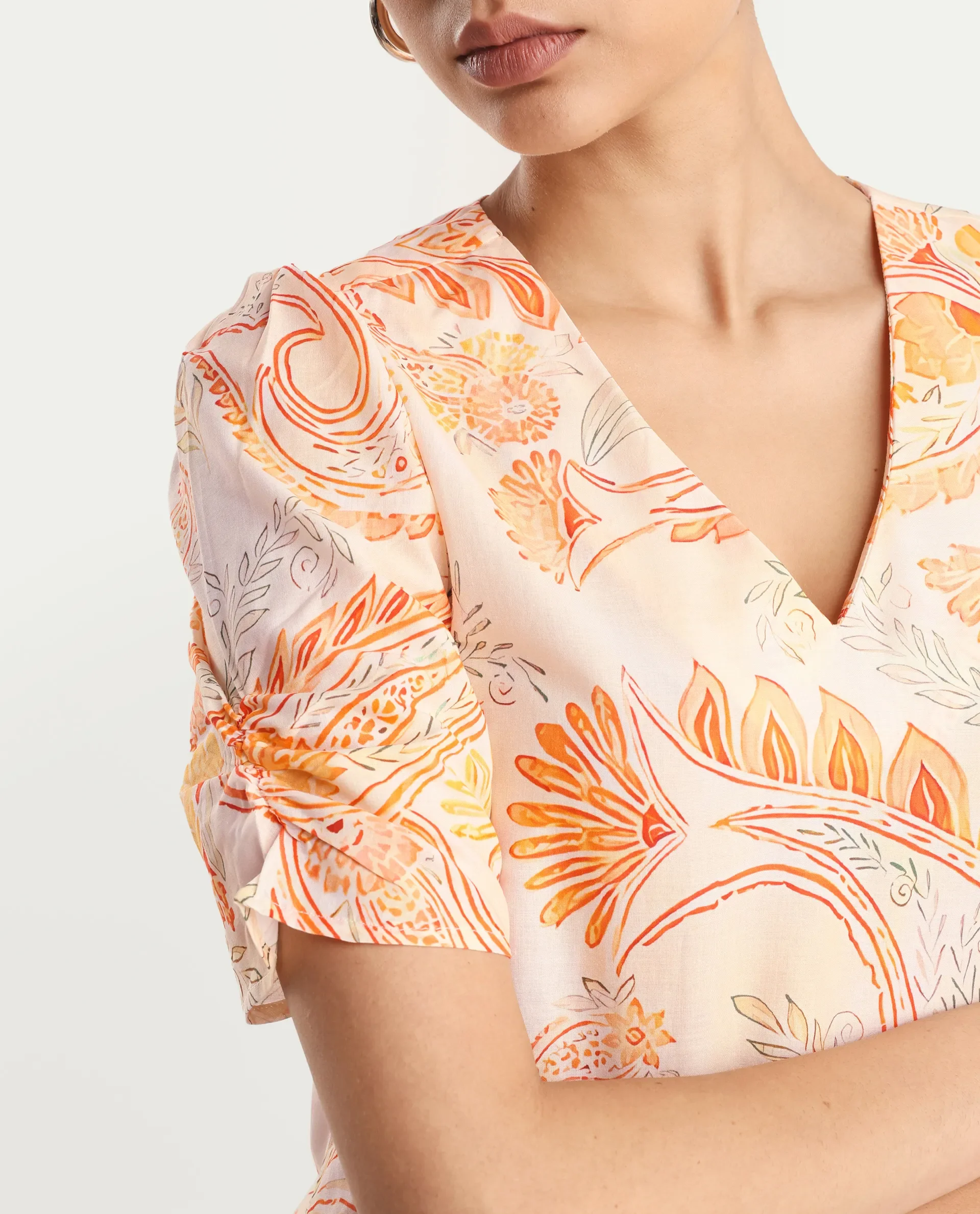 Rareism Women's Vigeveno Light Multi Cotton V-Neck Paisley Print Puff Sleeves Regular Fit Top - Image 3