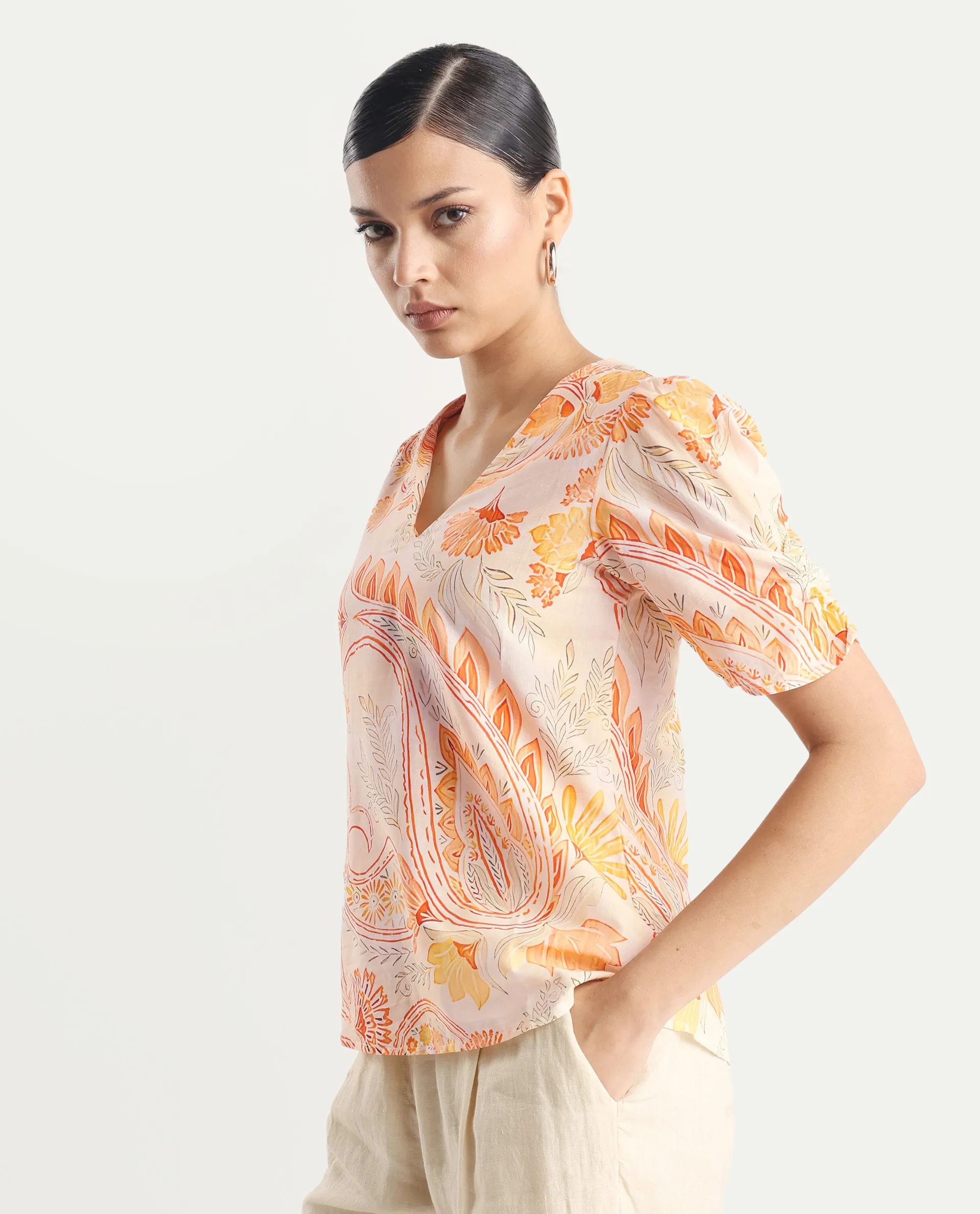 Rareism Women's Vigeveno Light Multi Cotton V-Neck Paisley Print Puff Sleeves Regular Fit Top - Image 4