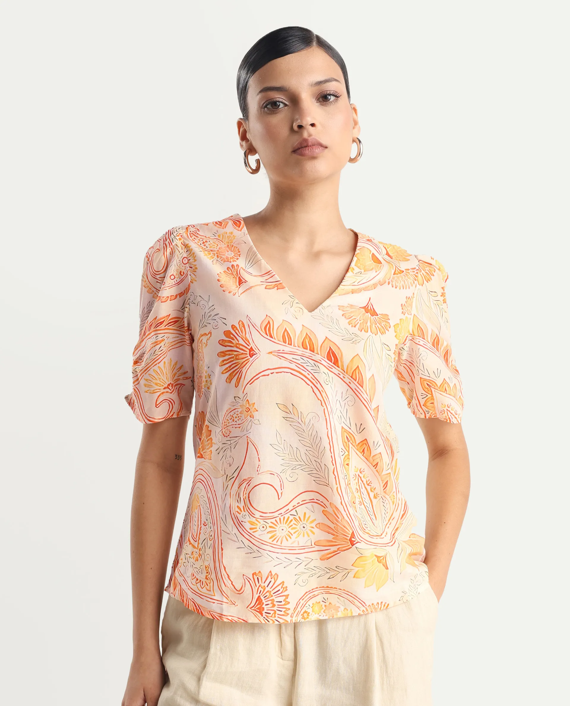 Rareism Women's Vigeveno Light Multi Cotton V-Neck Paisley Print Puff Sleeves Regular Fit Top - Image 5