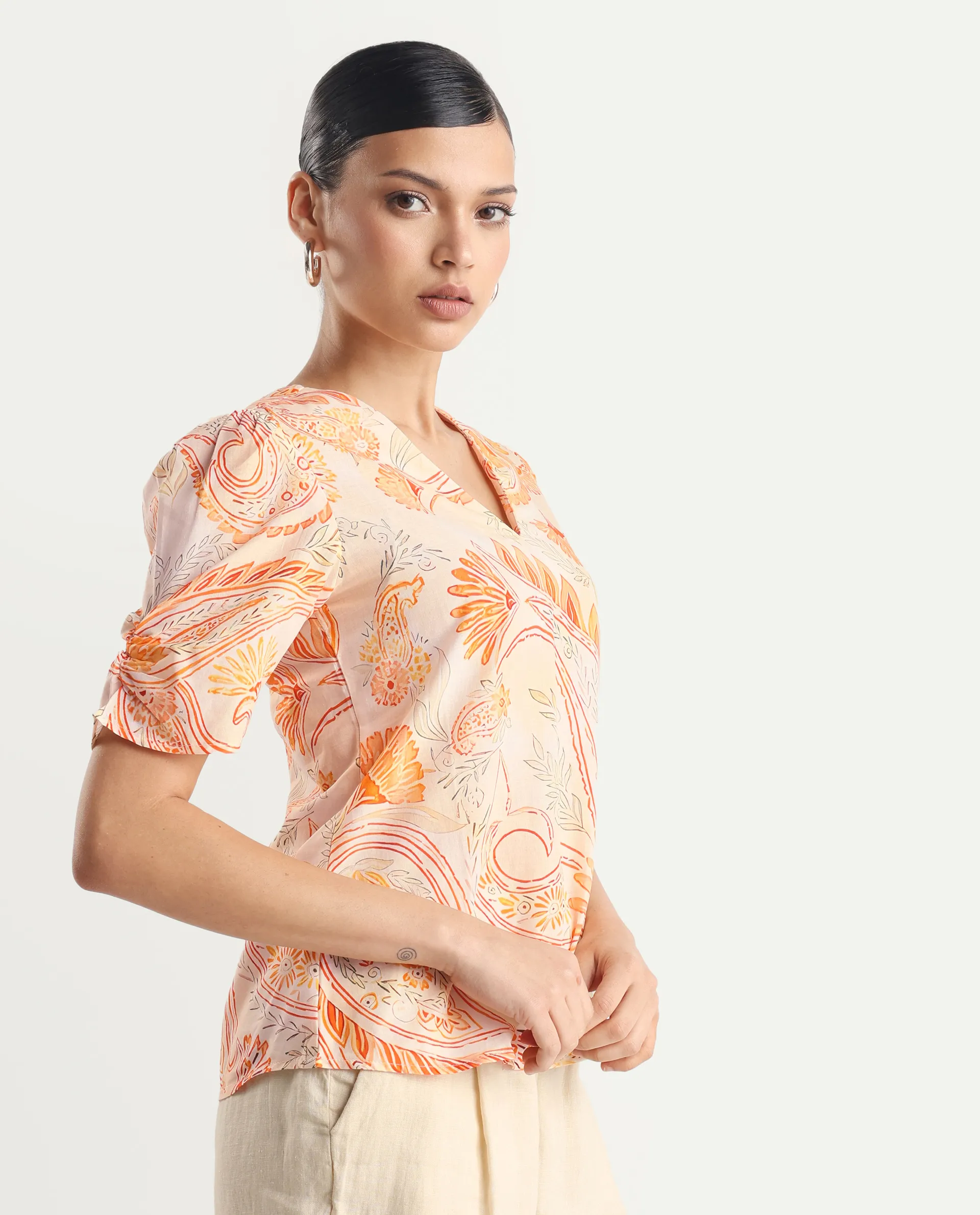 Rareism Women's Vigeveno Light Multi Cotton V-Neck Paisley Print Puff Sleeves Regular Fit Top - Image 6
