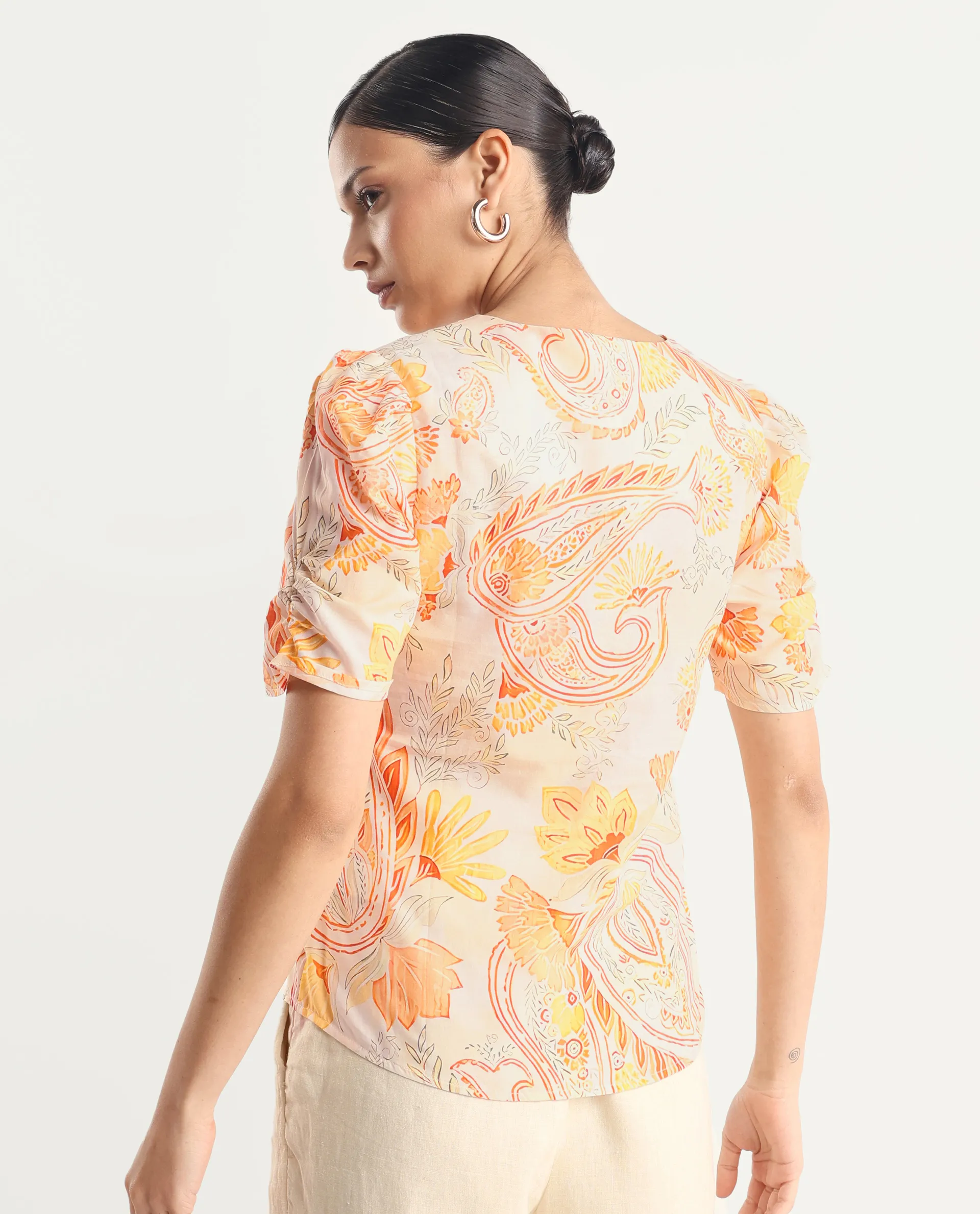 Rareism Women's Vigeveno Light Multi Cotton V-Neck Paisley Print Puff Sleeves Regular Fit Top - Image 7