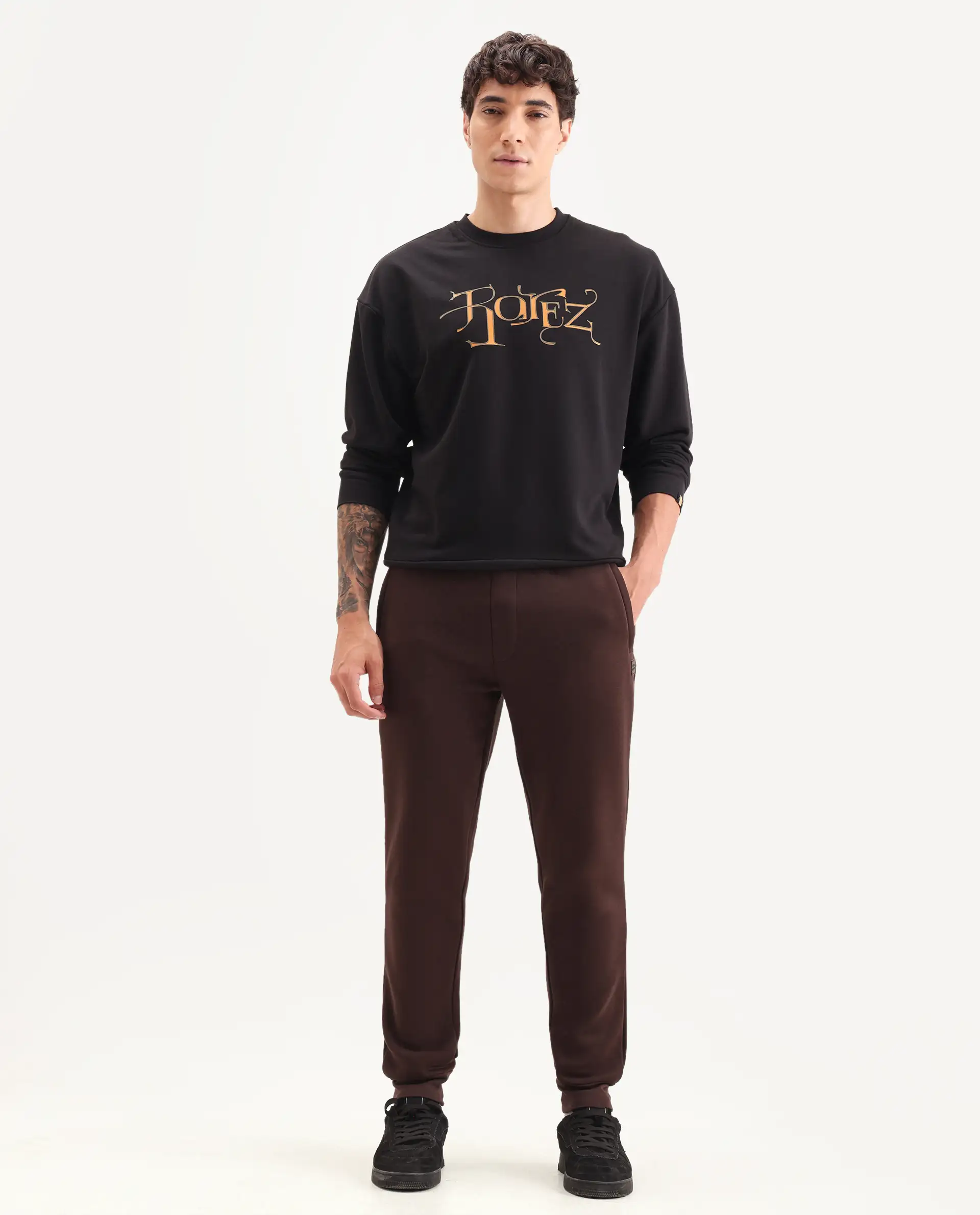 Rare Rabbit Men's Vik Brown Cotton Plain Regular Fit Joggers - Image 2