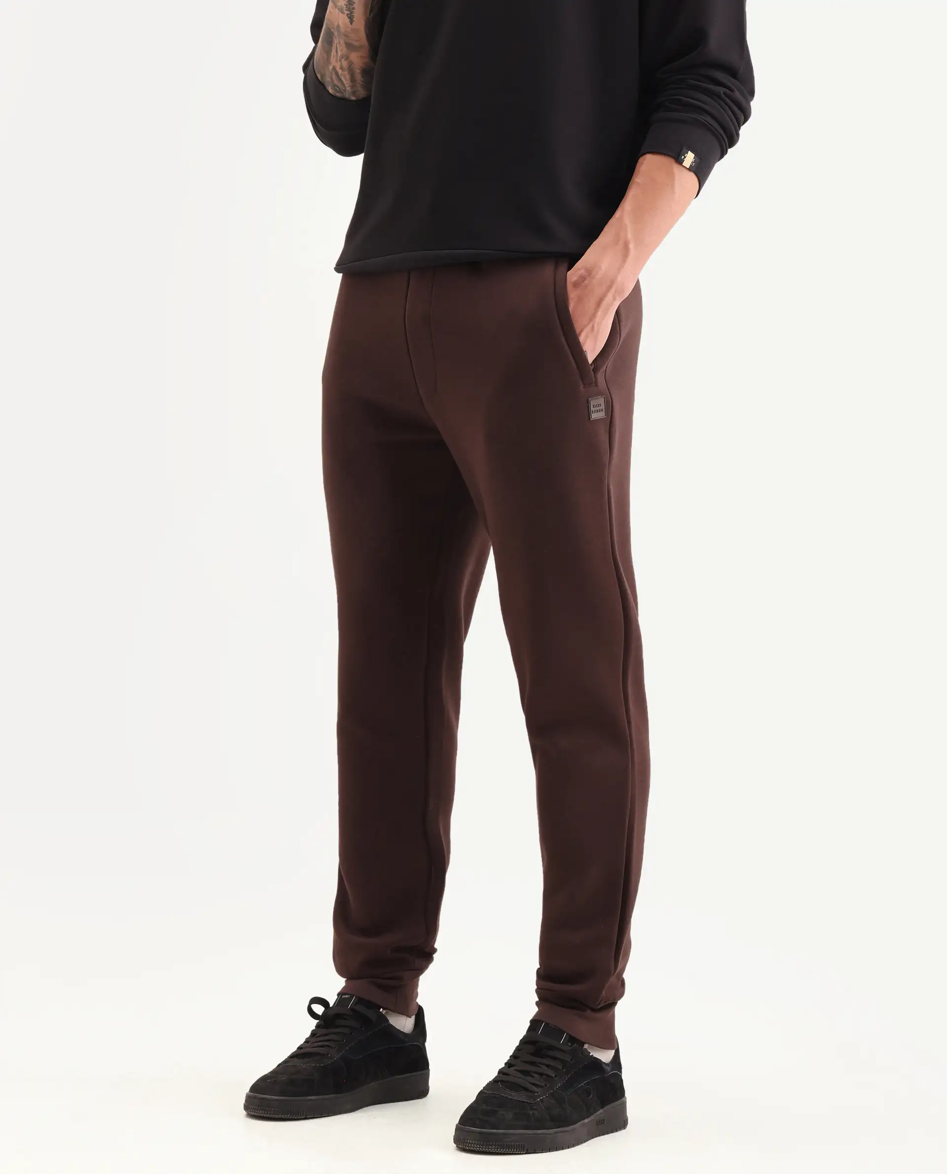 Rare Rabbit Men's Vik Brown Cotton Plain Regular Fit Joggers - Image 3