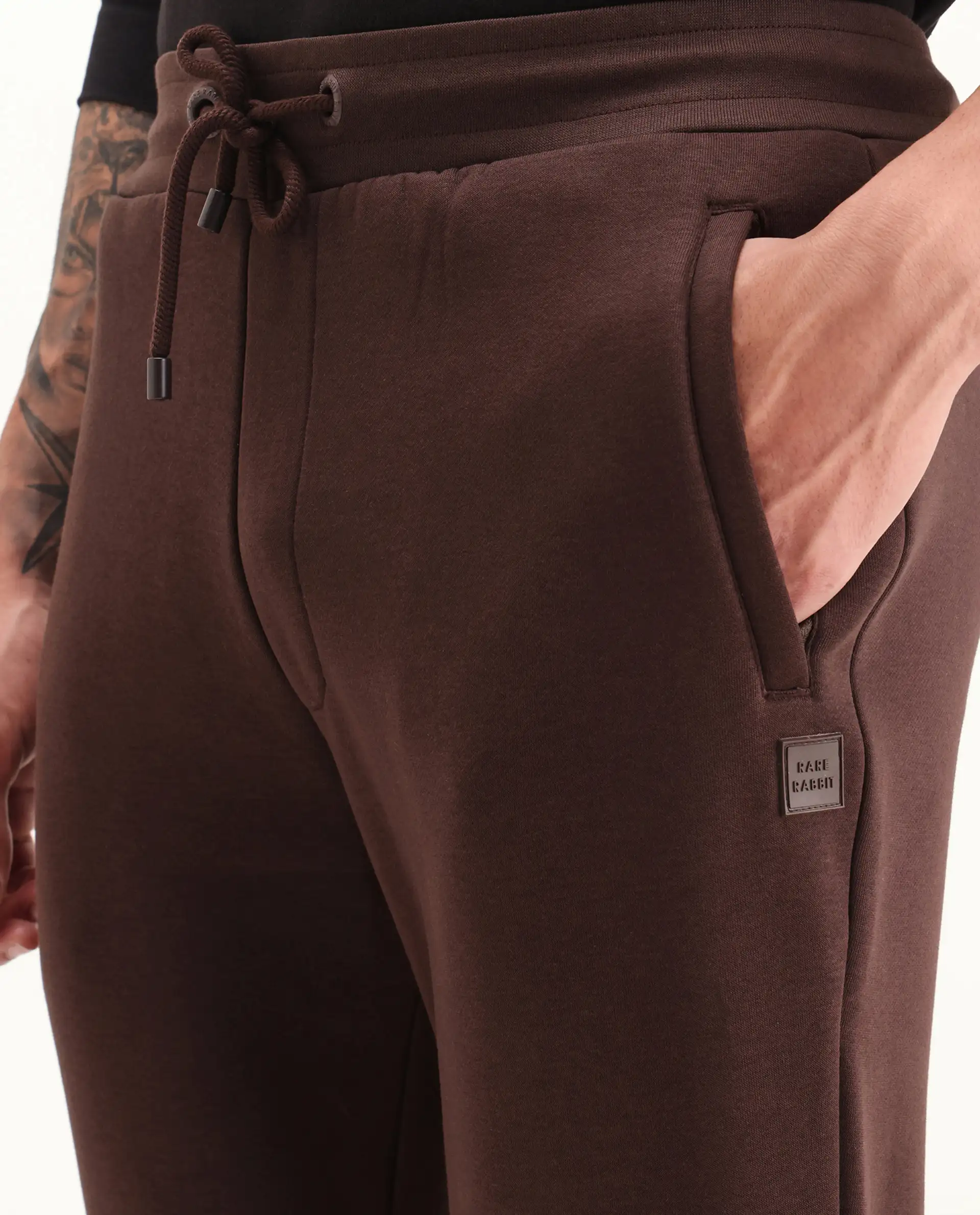 Rare Rabbit Men's Vik Brown Cotton Plain Regular Fit Joggers - Image 4