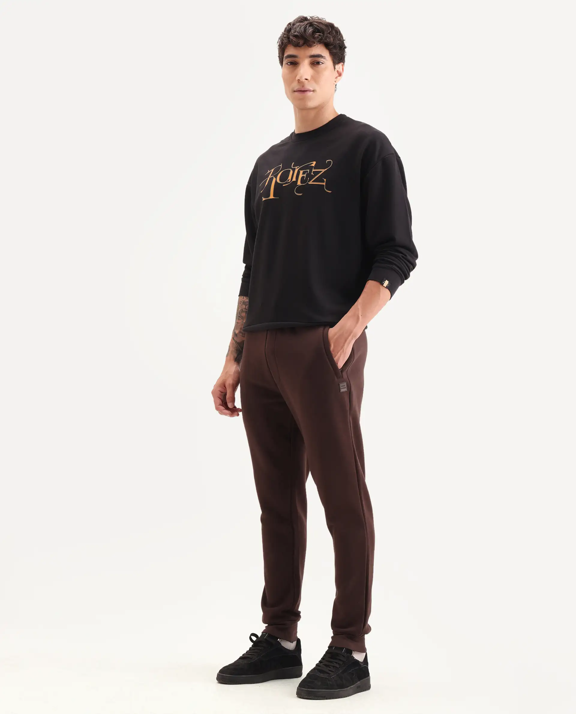 Rare Rabbit Men's Vik Brown Cotton Plain Regular Fit Joggers - Image 6