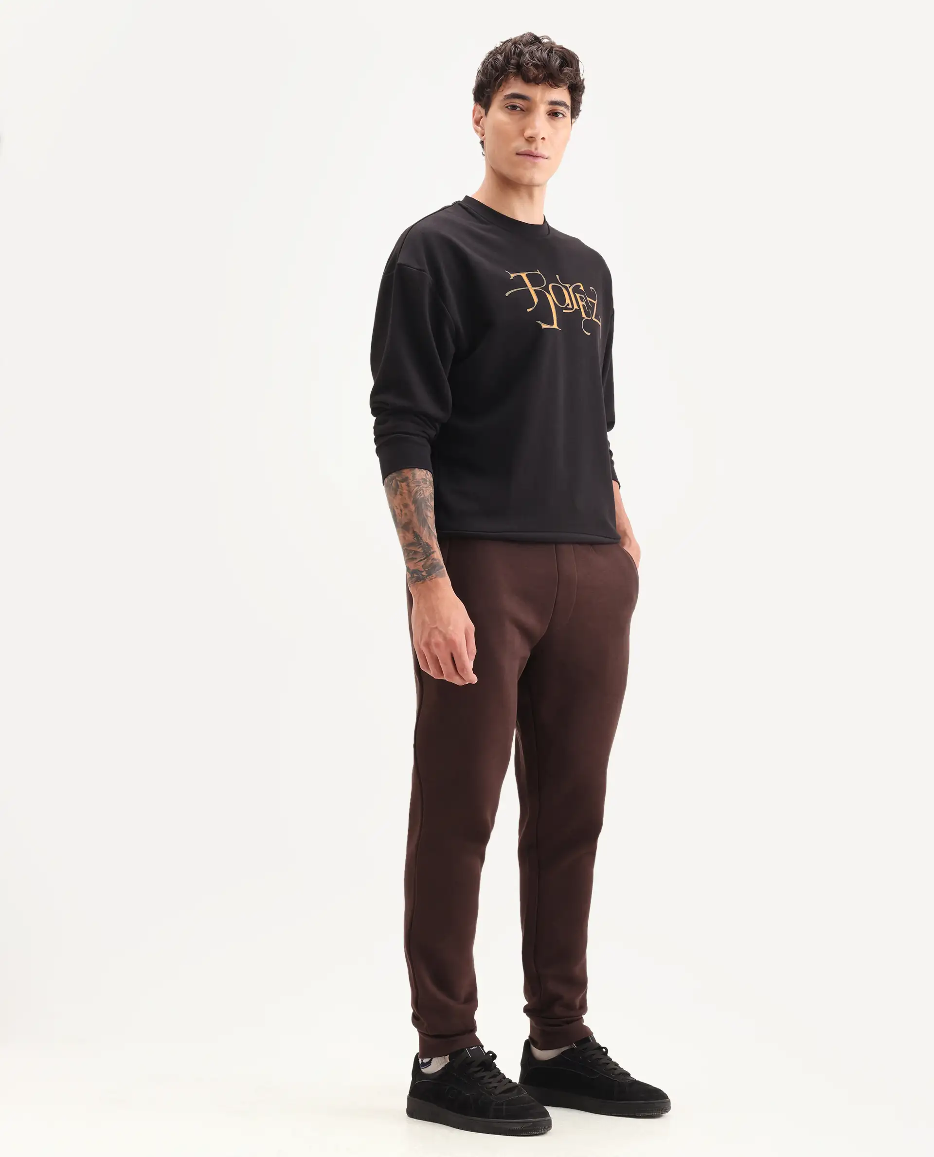 Rare Rabbit Men's Vik Brown Cotton Plain Regular Fit Joggers - Image 7