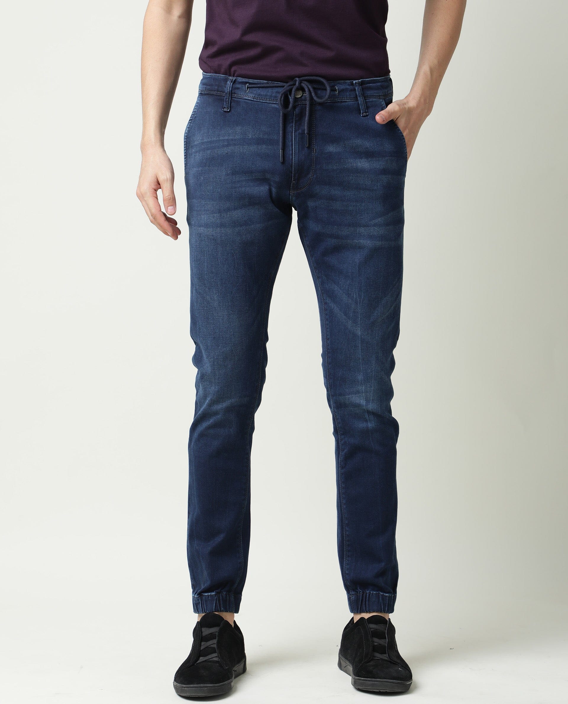Rare Rabbit Men's Villa Navy Cotton Plain Hawk Slim Fit Jeans