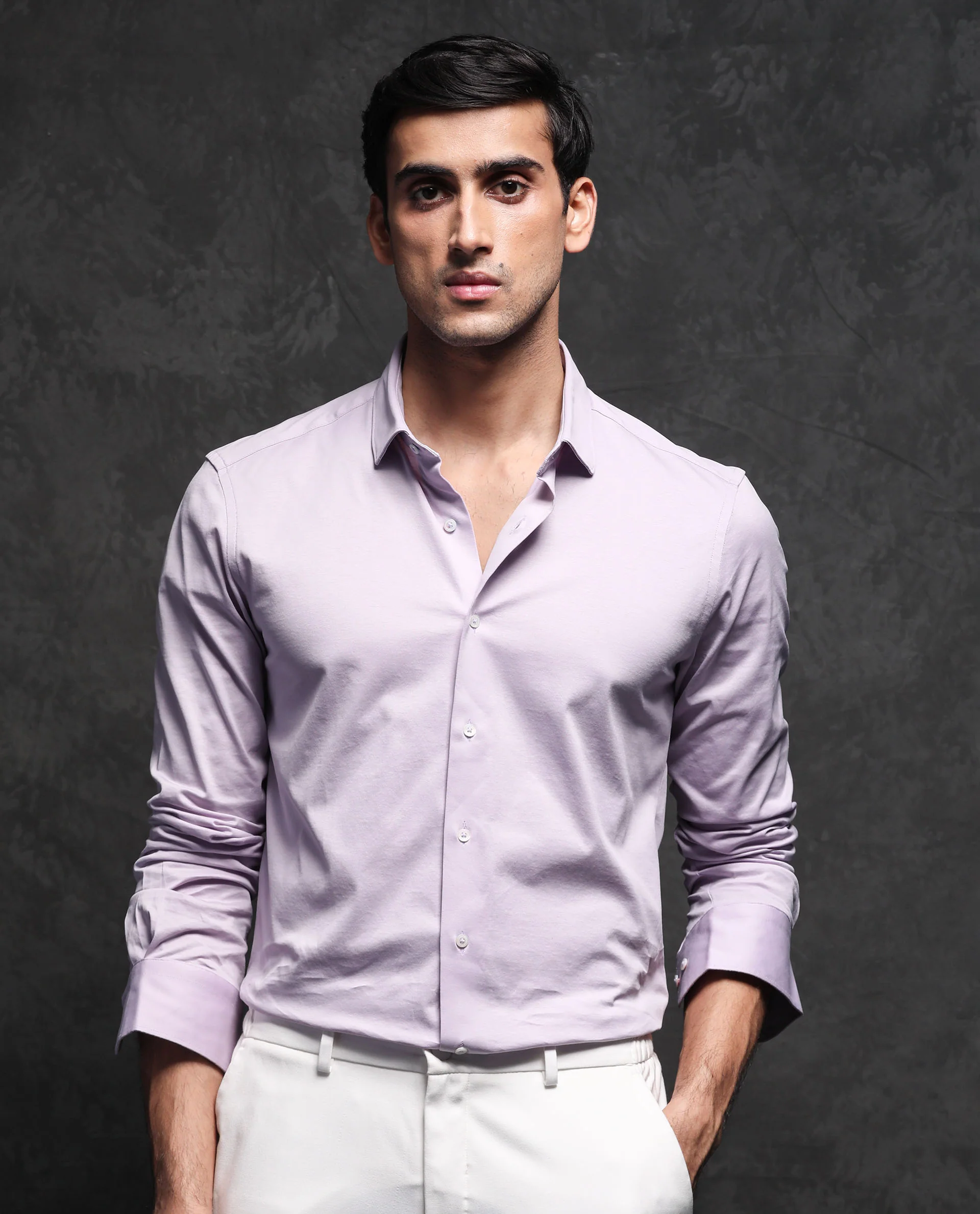 Rare Rabbit Men's Villa Purple Cotton Plain Tailored Fit Full Sleeve Collared Shirt