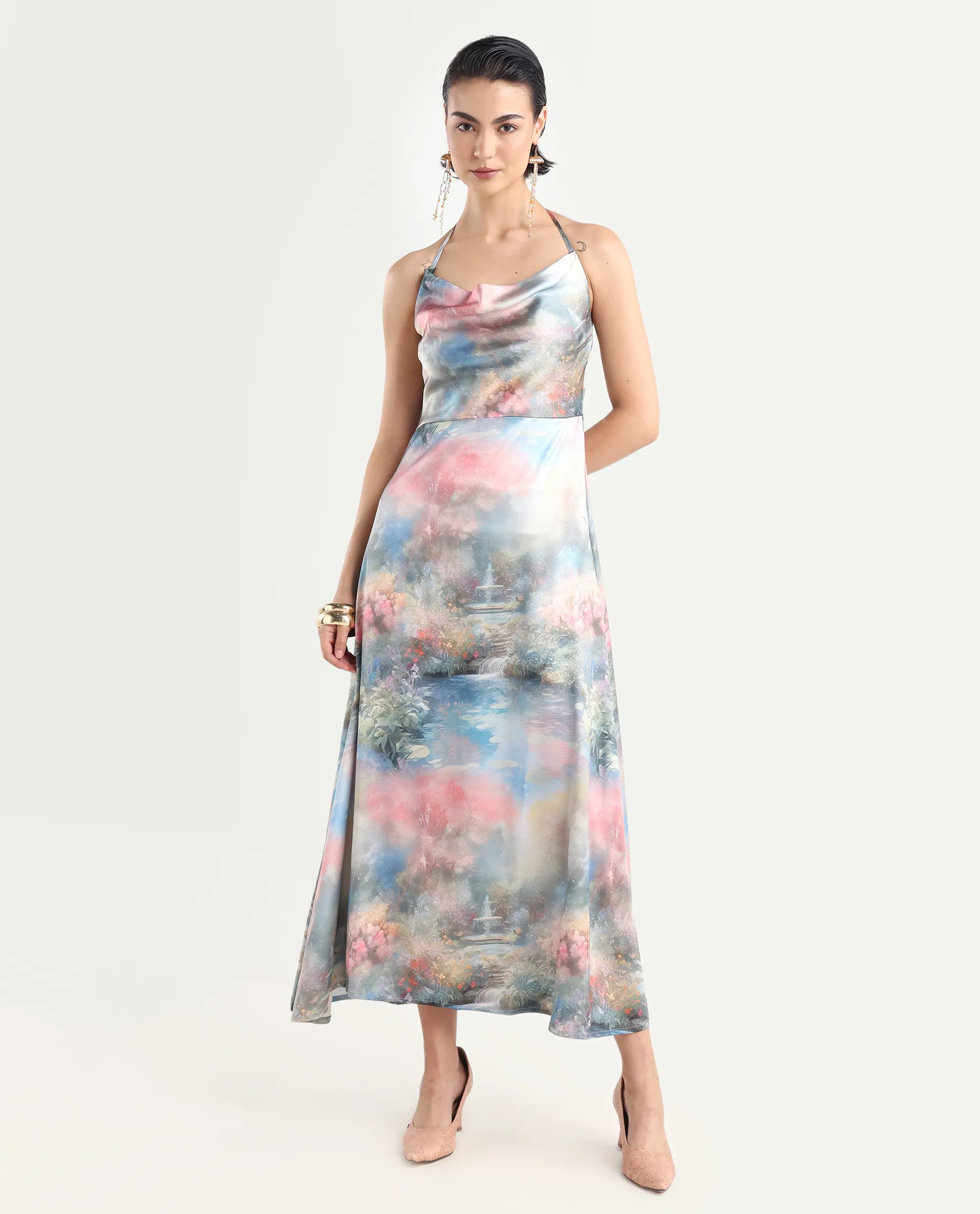 Rareism Women's Villeur Multi Satin Cowl Neck Floral Print Sleeveless Maxi Flared Dress - Image 2